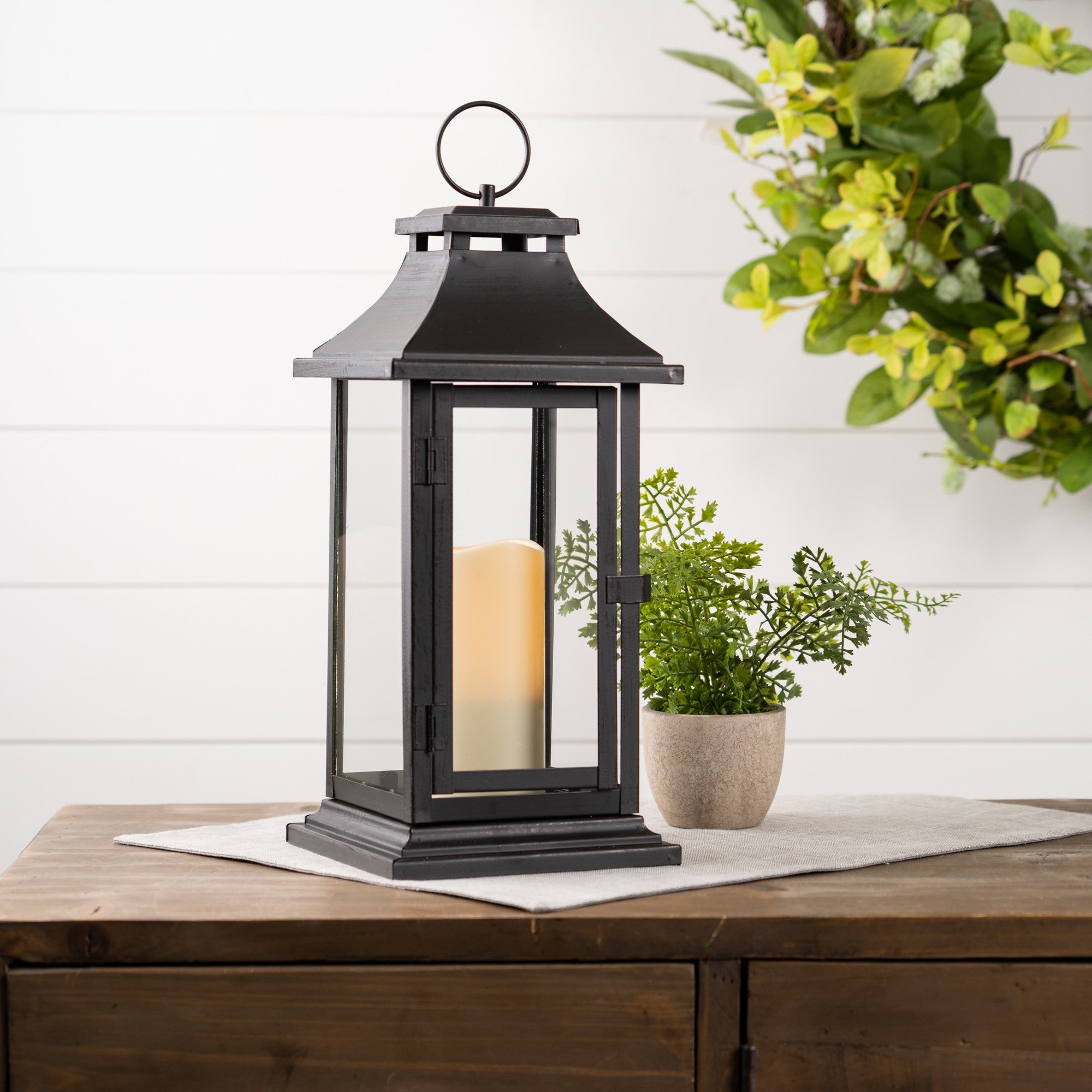 Set Of Two Black LED Floor Lantern Candle Holder