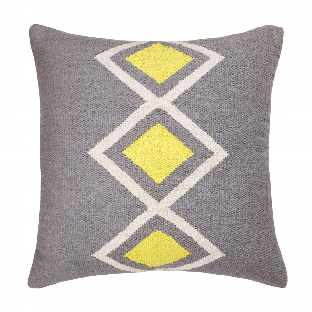 20" X 20" Gray White And Yellow 100% Cotton Geometric Zippered Pillow