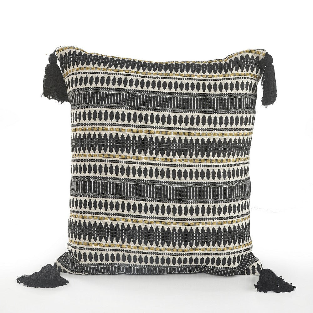 20" X 20" Black and Gold Geometric Cotton Zippered Pillow With Tassels