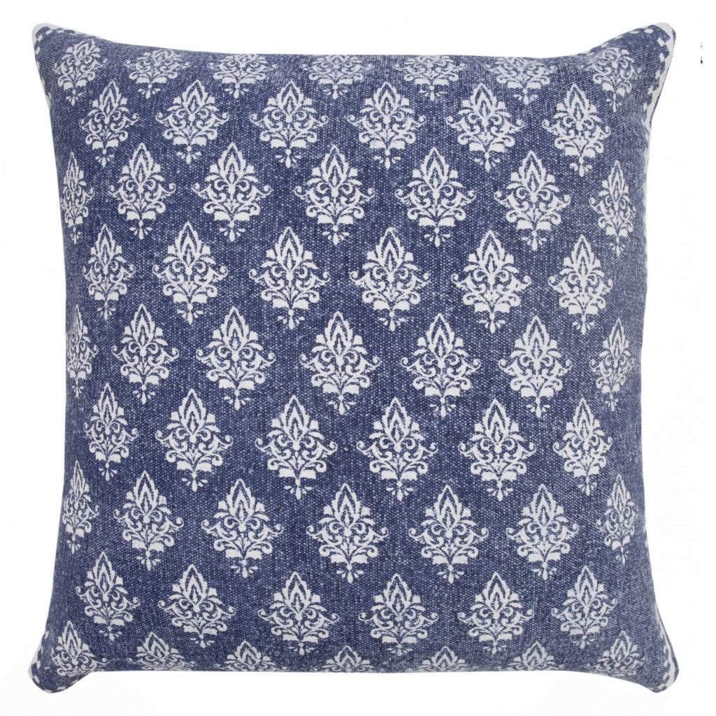 20" X 20" Vintage Indigo Blue And White 100% Cotton Geometric Zippered Pillow