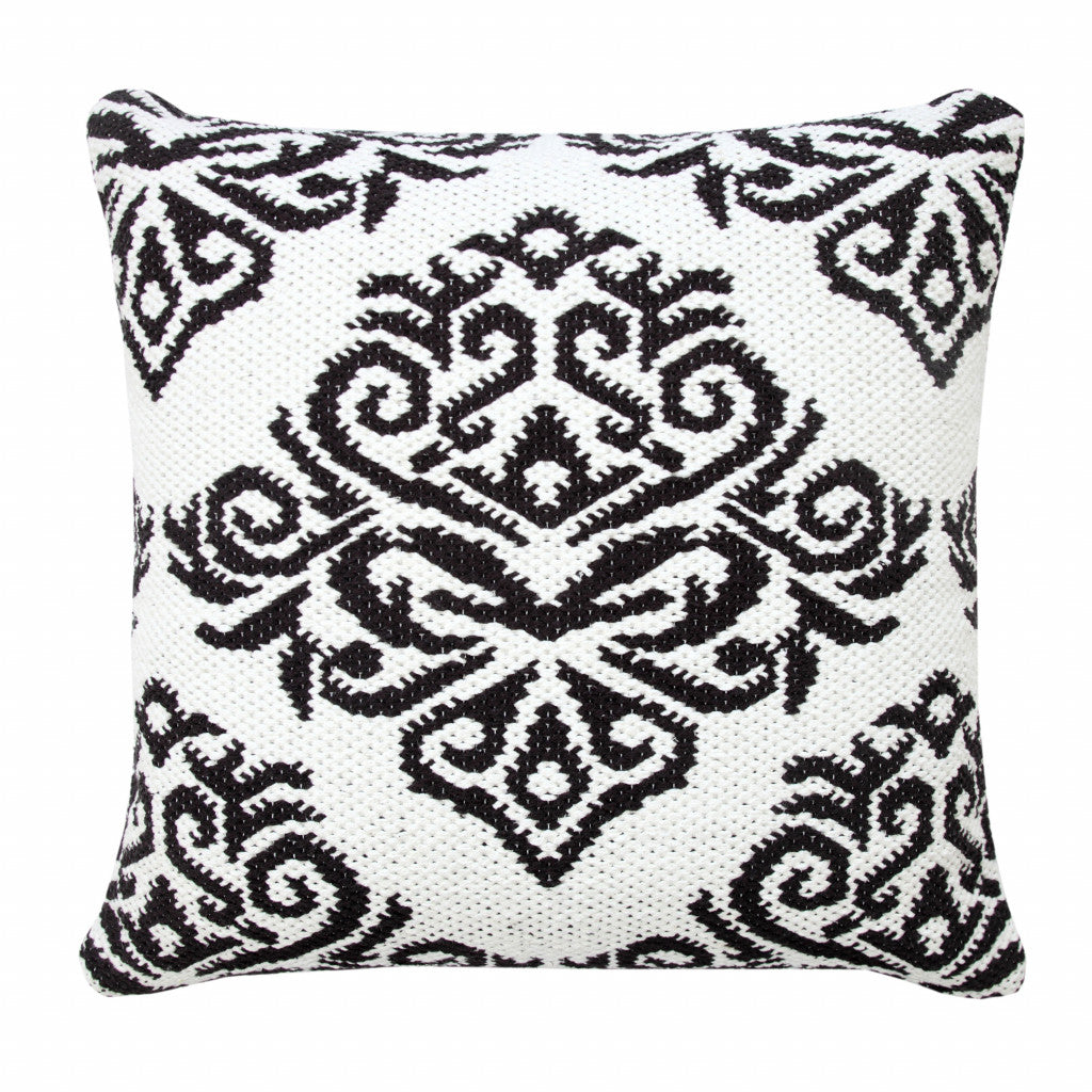 20" X 20" Blue And White 100% Cotton Damask Zippered Pillow