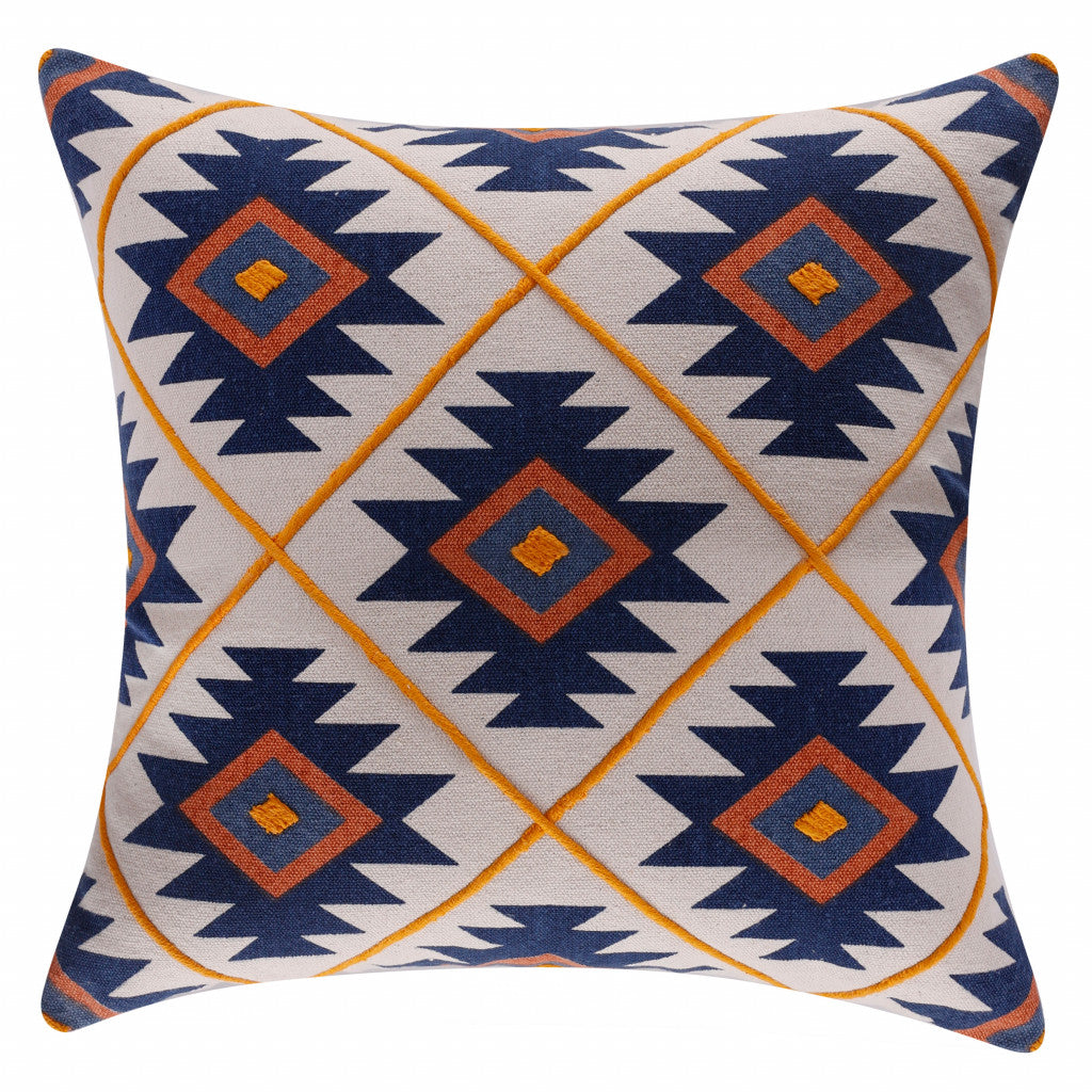 20" X 20" Blue 100% Cotton Geometric Zippered Pillow