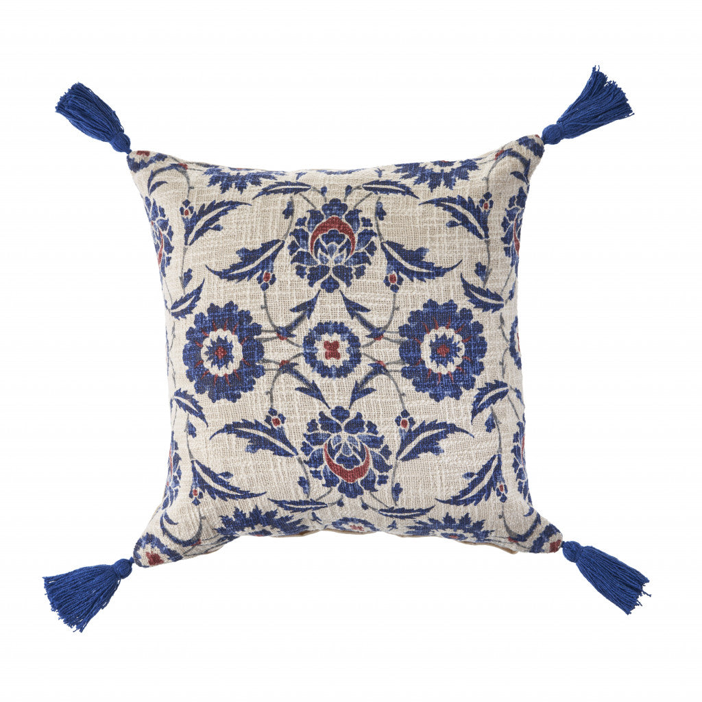 18" X 18" Blue And Cream 100% Cotton Floral Zippered Pillow