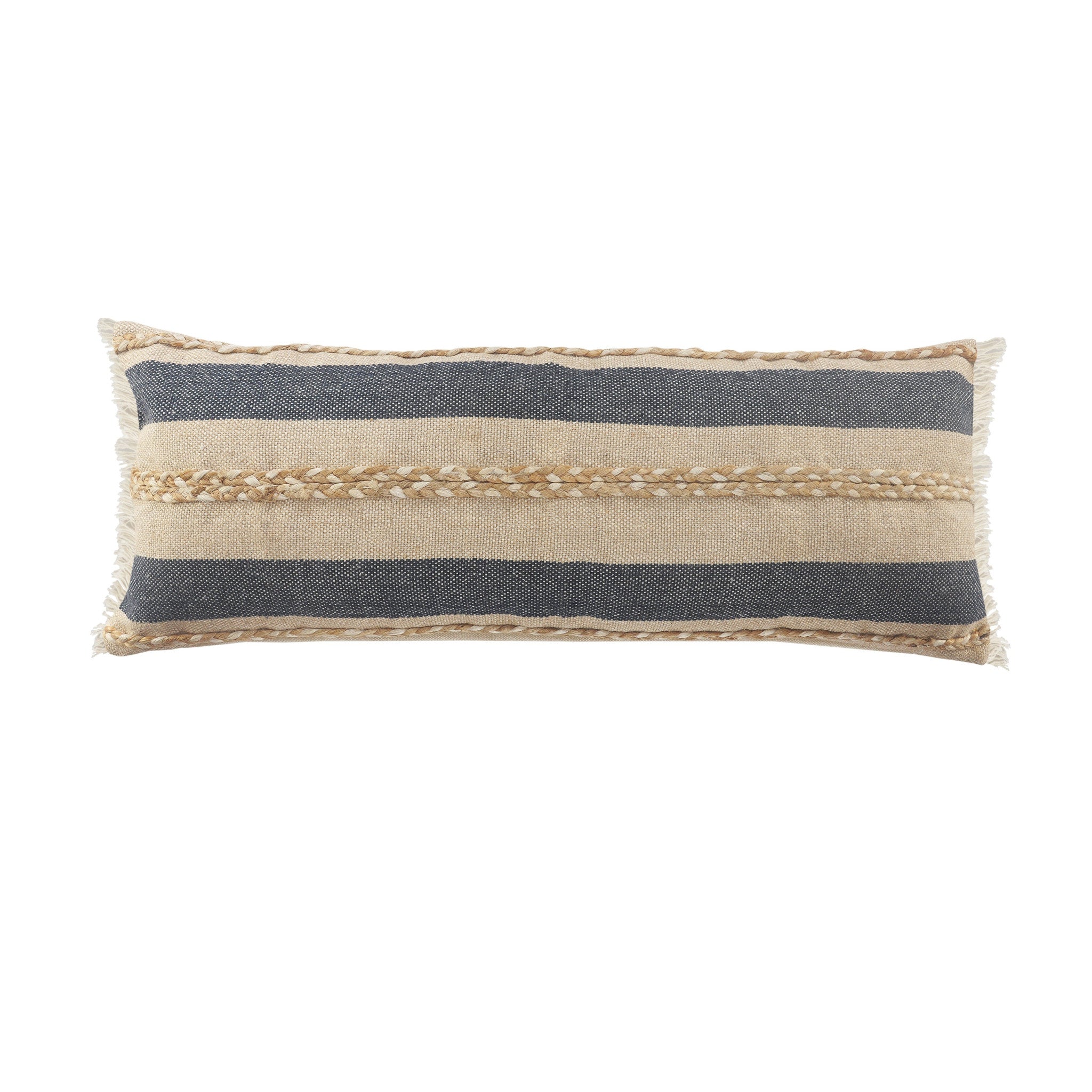 24" X 24" Denim Blue Tan And Taupe Jute Coastal Zippered Pillow