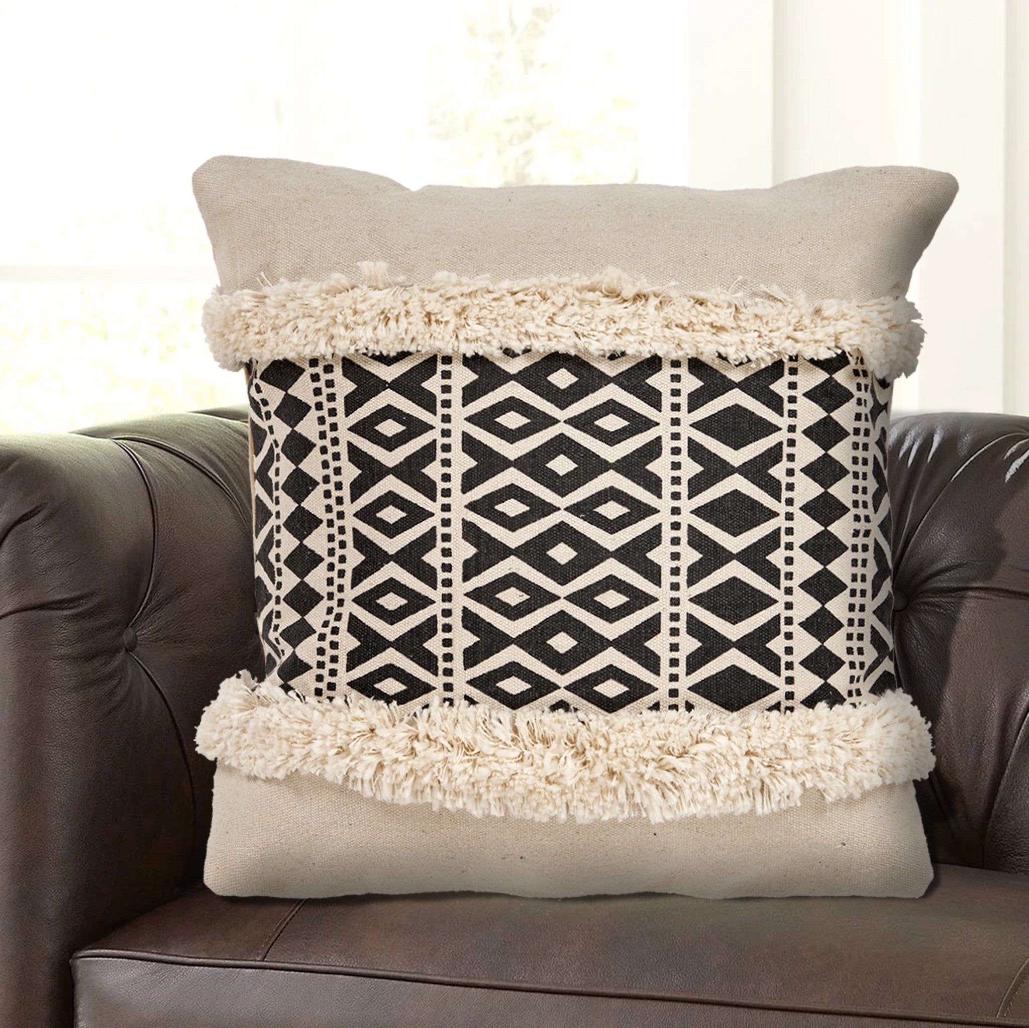 18" X 18" Tan and Black Geometric Cotton Zippered Pillow With Shag