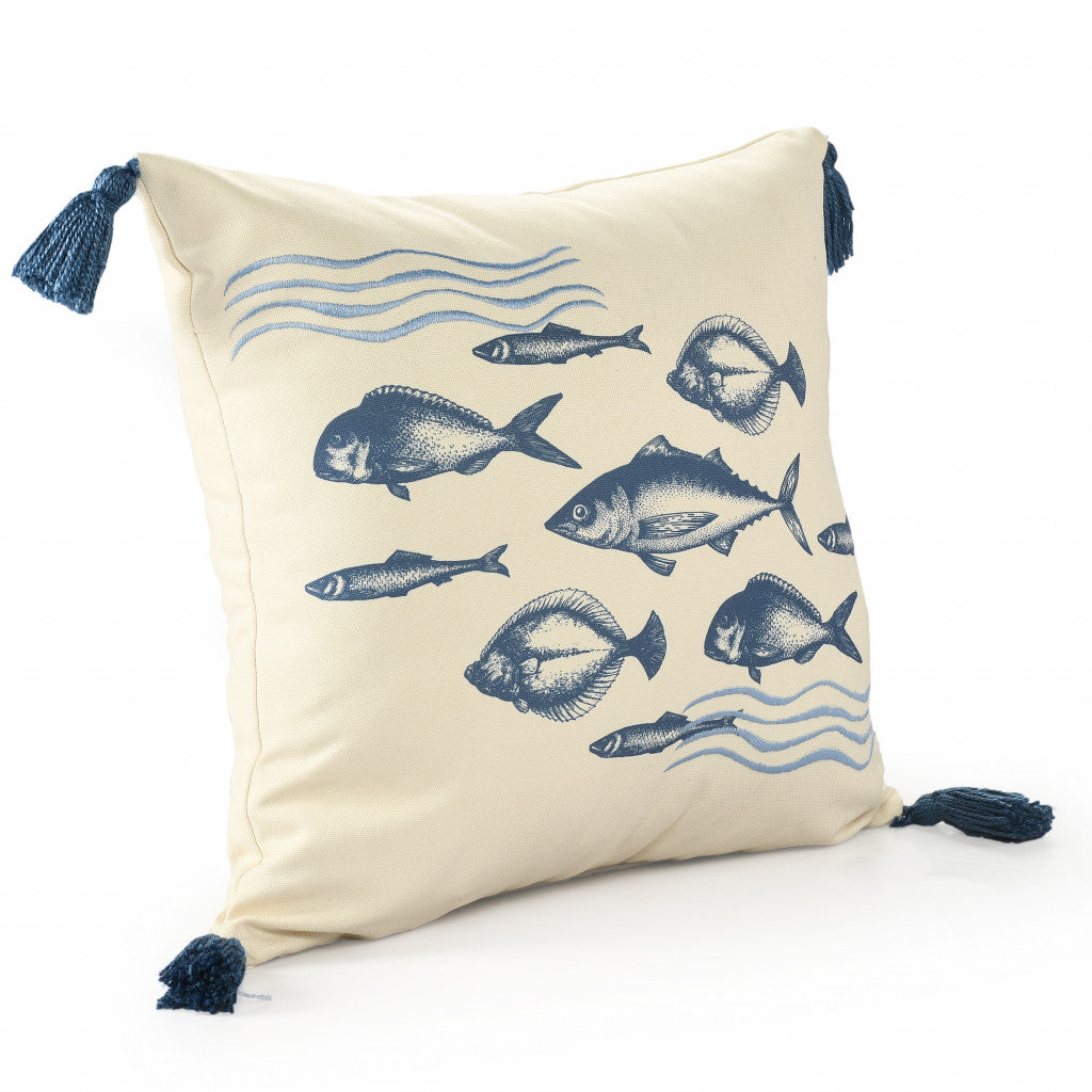 20" X 20" Blue And Cream Fish Polyester Animal Print Zippered Pillow