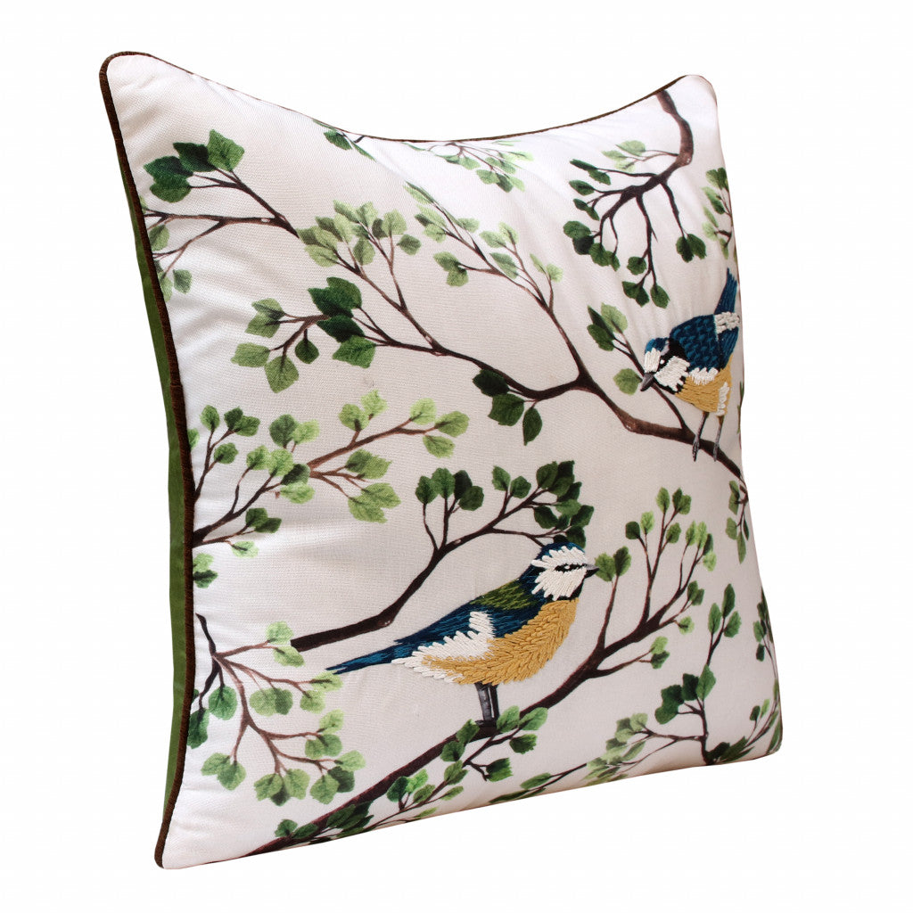 20" X 20" Green Blue And Off-White Bird Polyester Animal Print Zippered Pillow