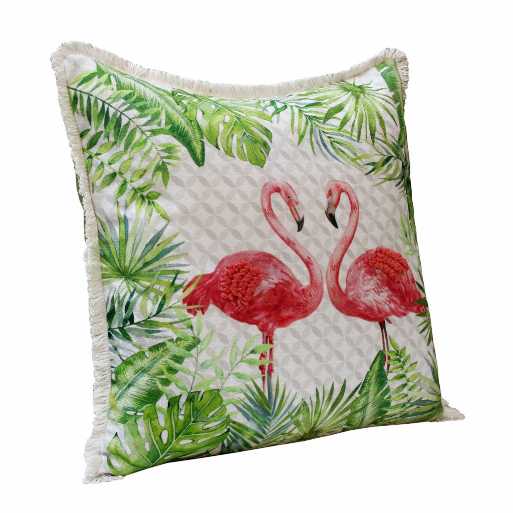 20" X 20" Coral Pink And Green Bird Polyester Animal Print Zippered Pillow