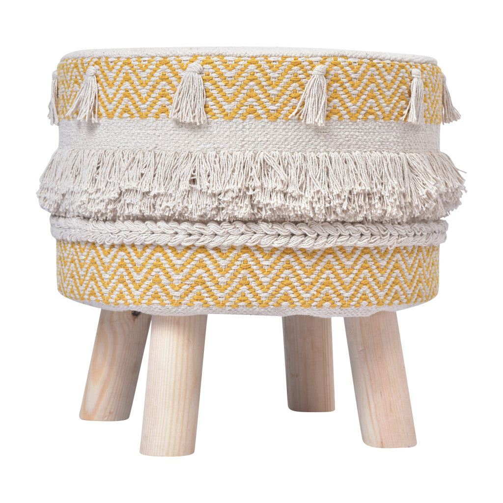 16" Yellow And Ivory Cotton And Natural Round Chevron Ottoman