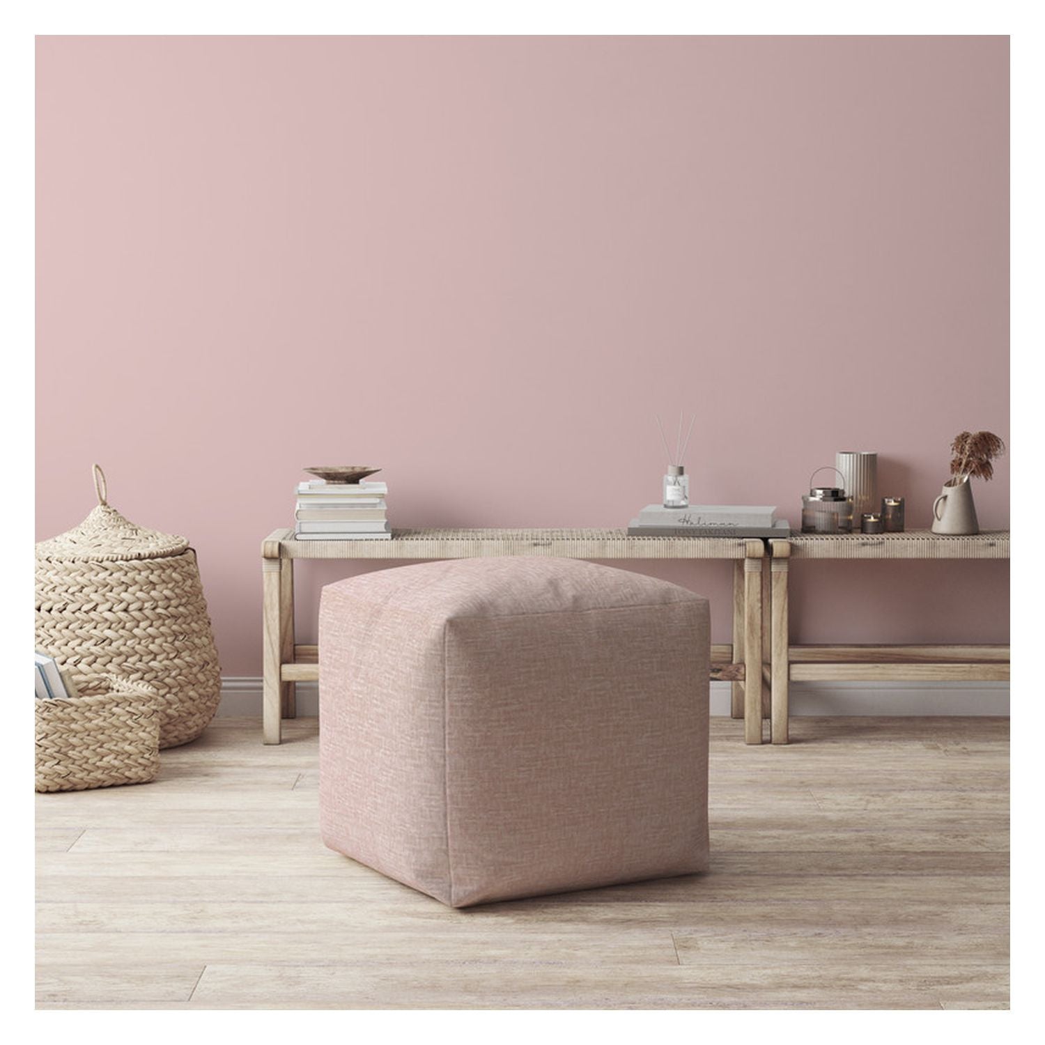 17" Pink Cotton Pouf Ottoman