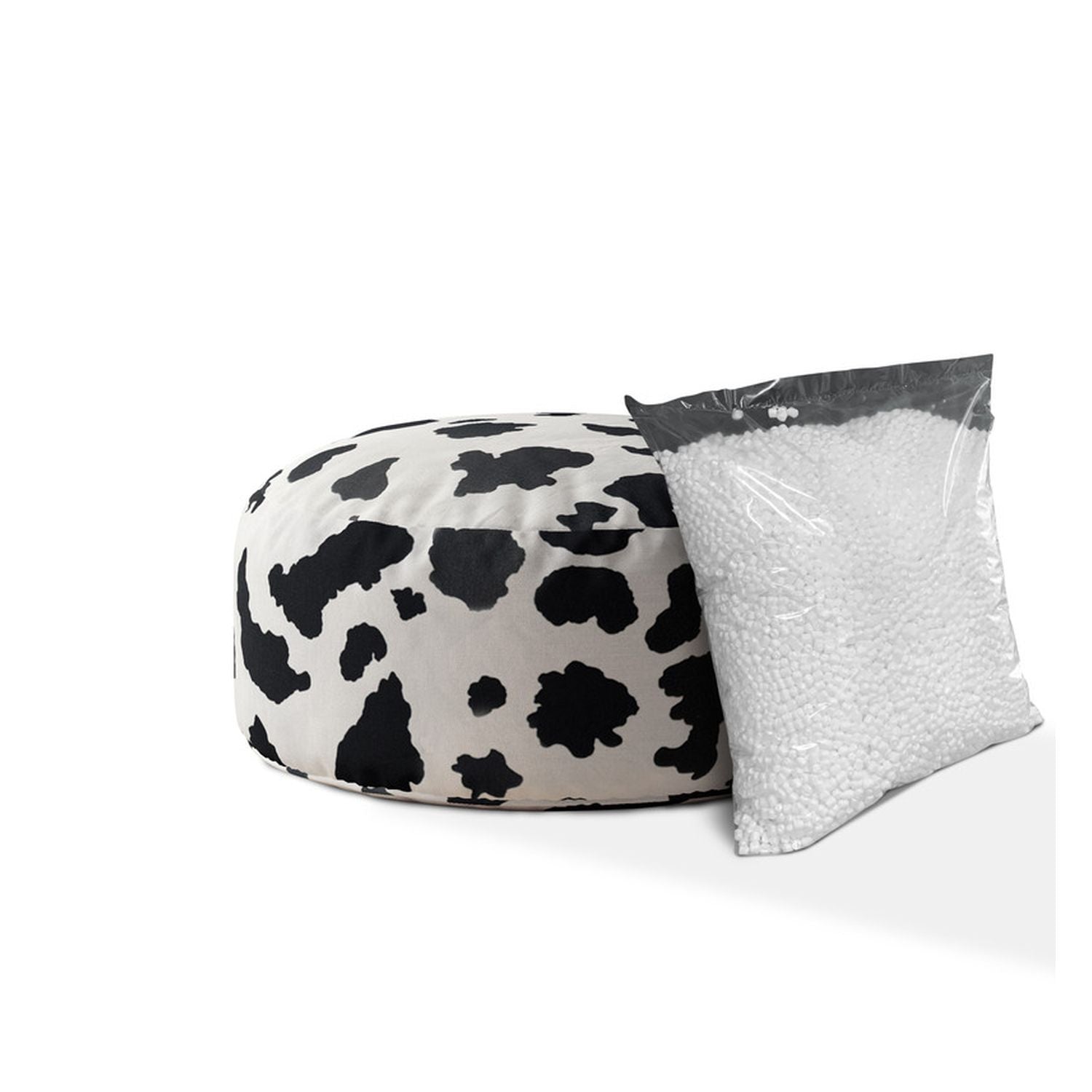 24" Black and White Twill Round Animal Print Pouf Ottoman