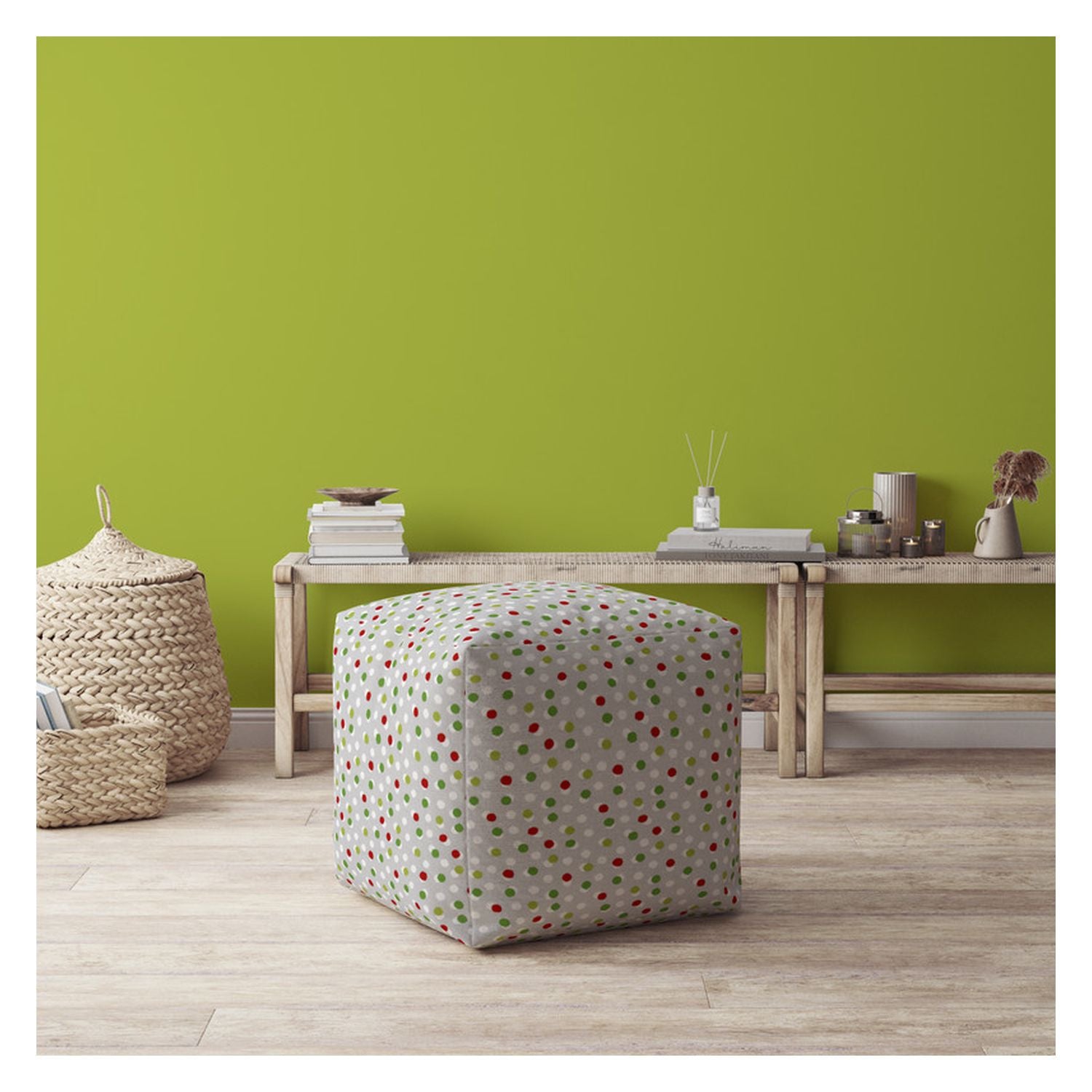 17" Green Cotton Polka Dots Pouf Ottoman