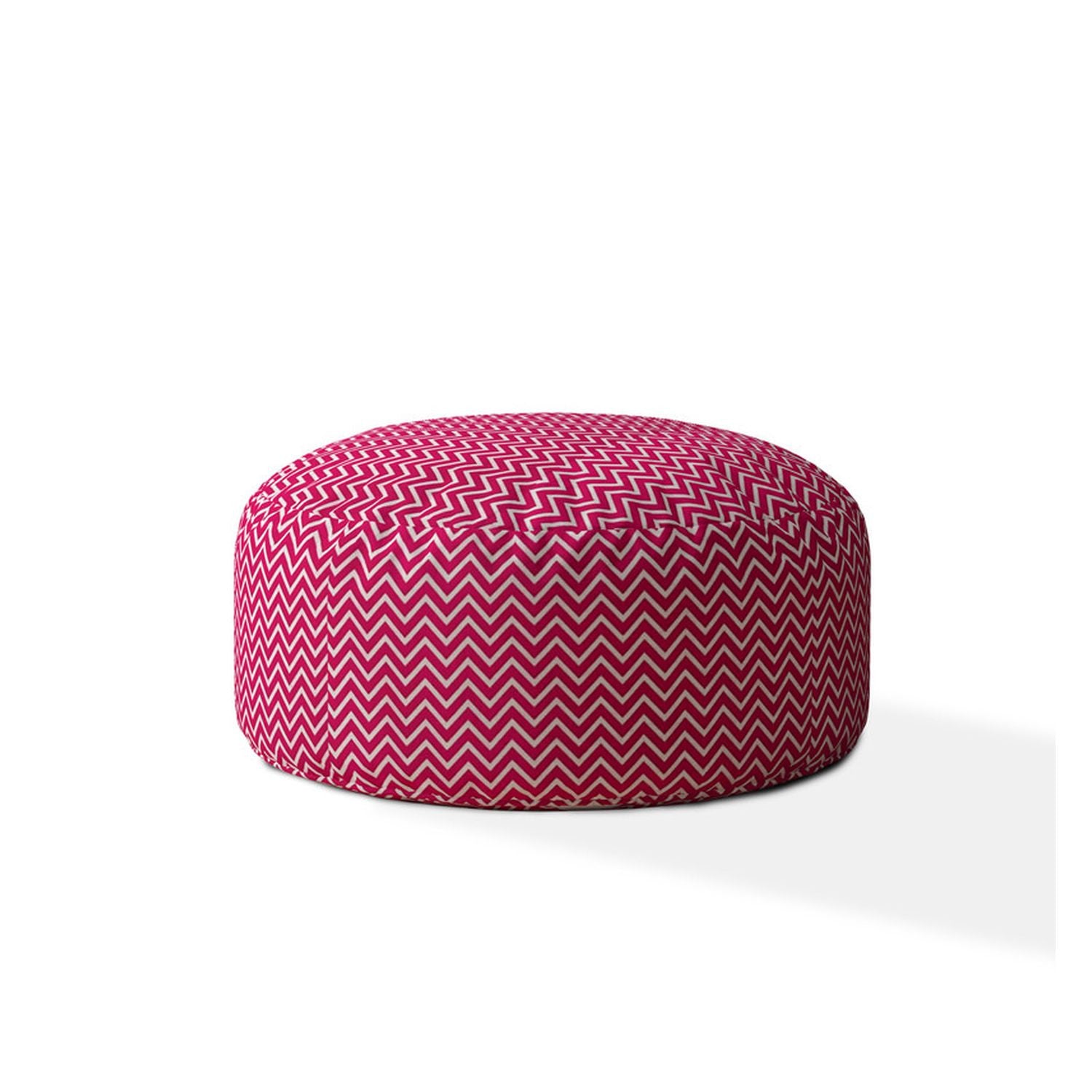 24" Pink Cotton Round Chevron Pouf Ottoman