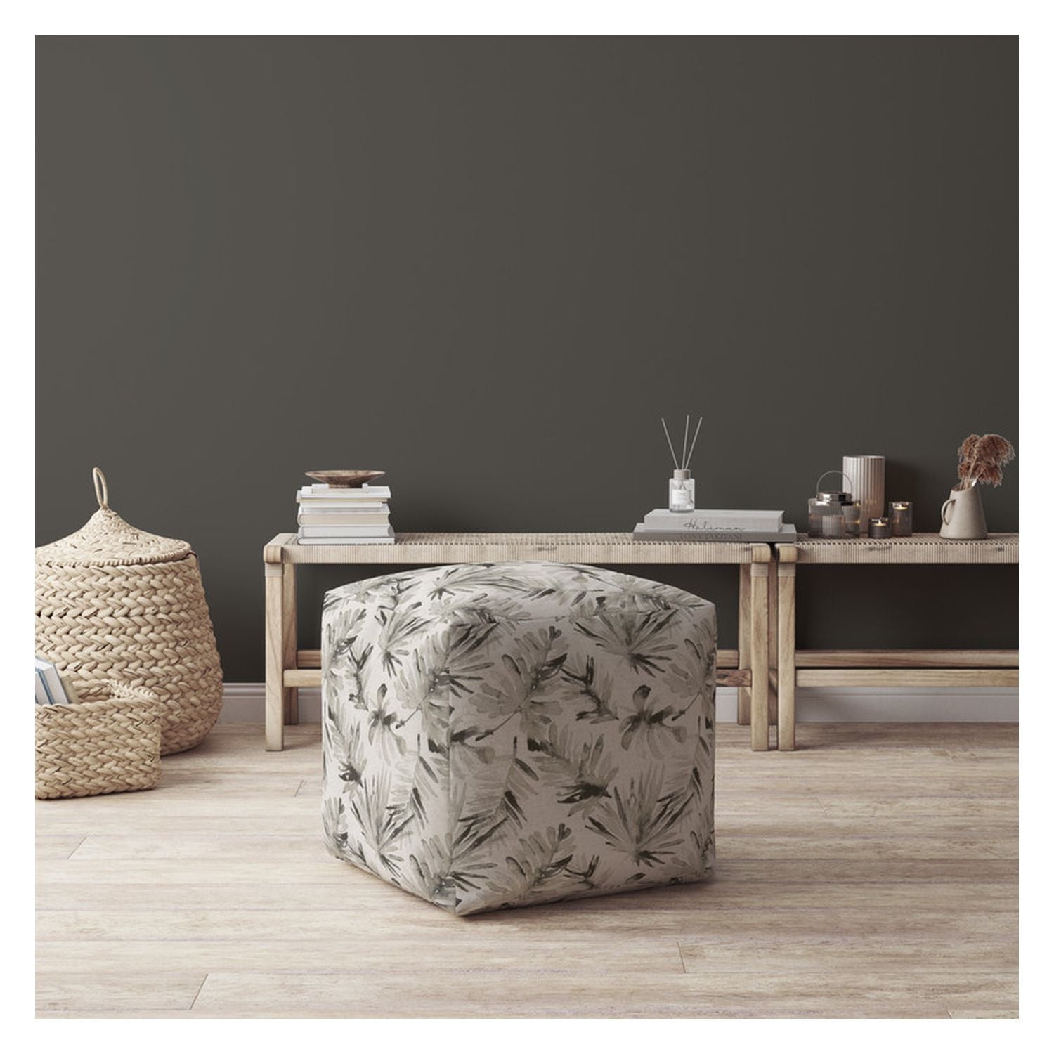 17" Beige Flax Floral Pouf Ottoman