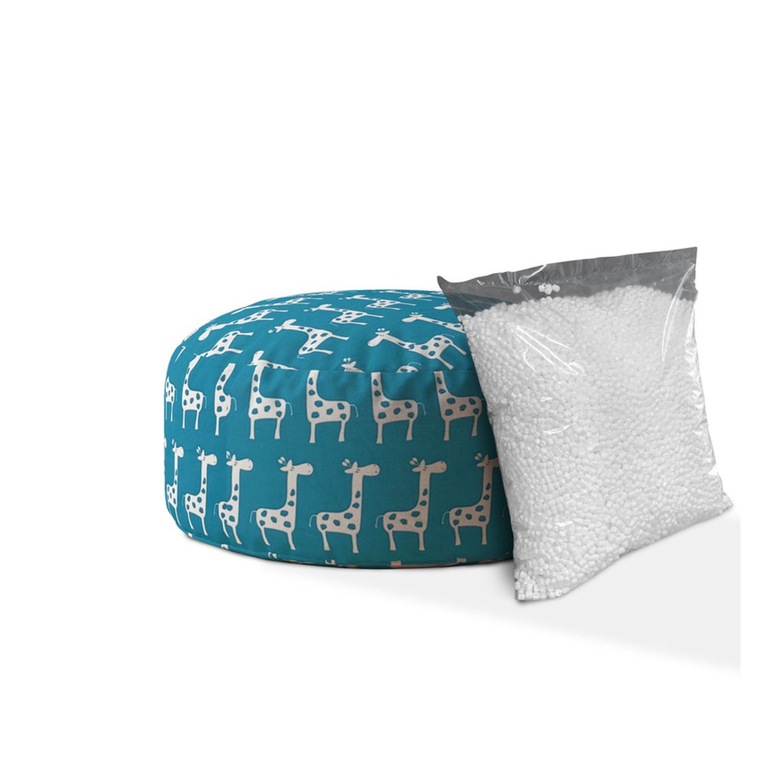 24" Blue and White Cotton Round Giraffe Pouf Ottoman