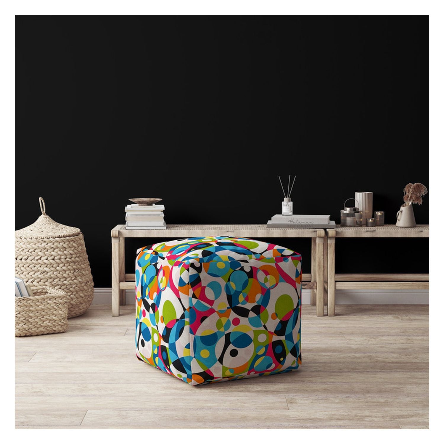 17" Green and White Cotton Patchwork Pouf Ottoman