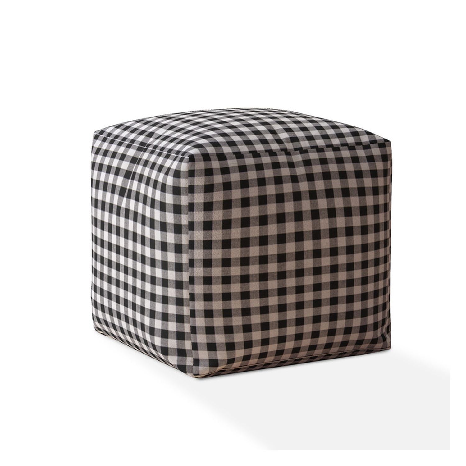 17" Gray and Black Cotton Gingham Pouf Ottoman