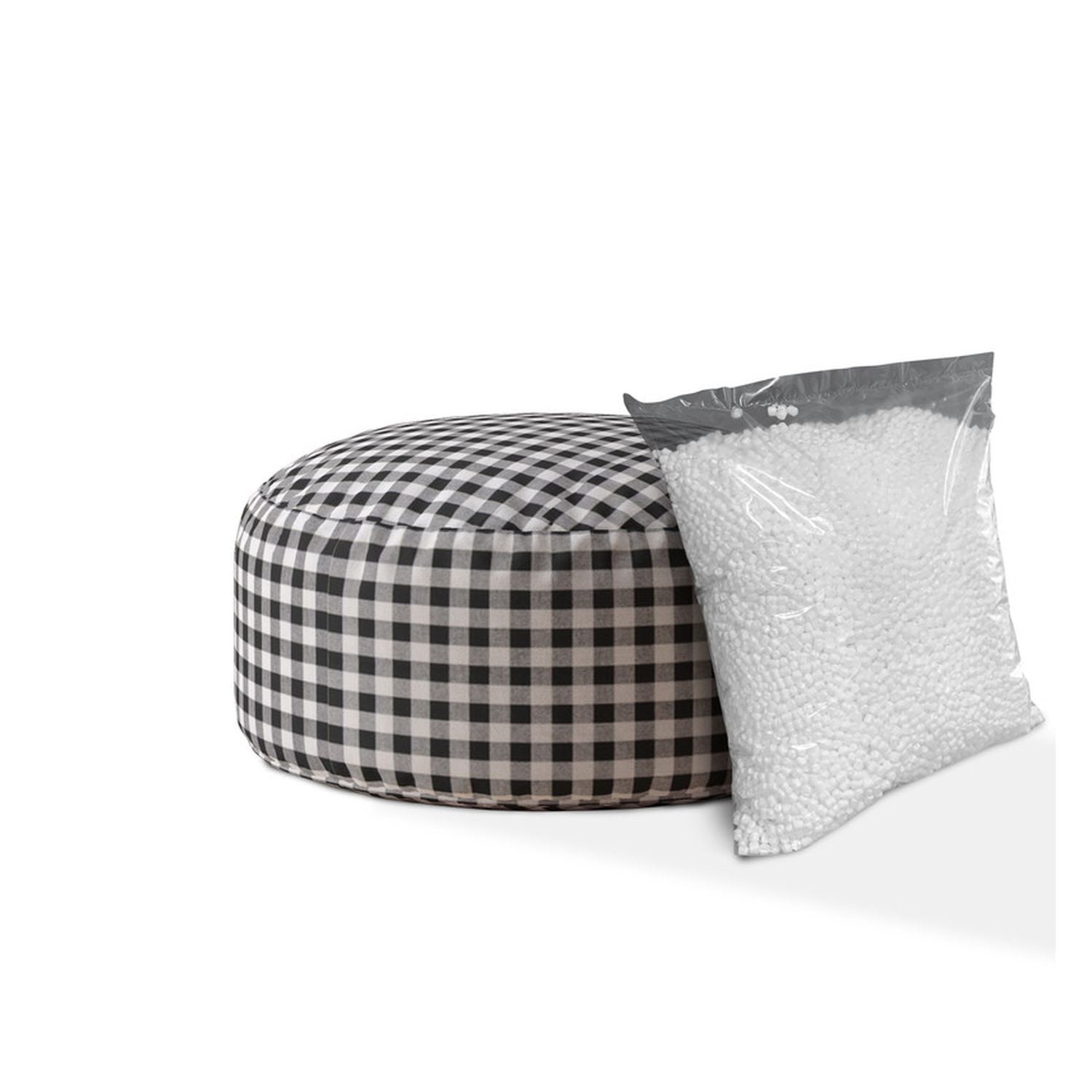 24" Gray and Black Cotton Round Gingham Pouf Ottoman