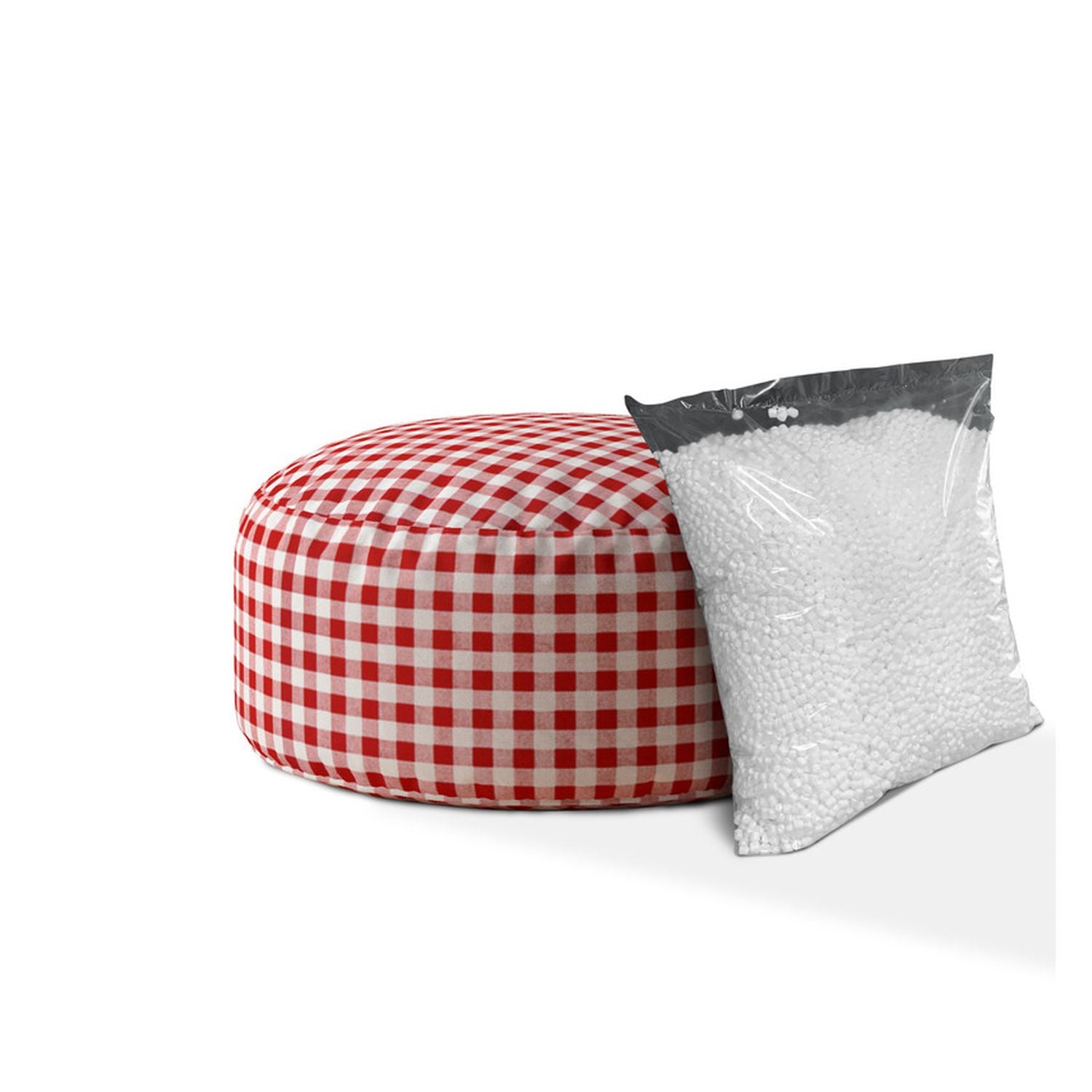 24" Red and White Cotton Round Gingham Pouf Ottoman