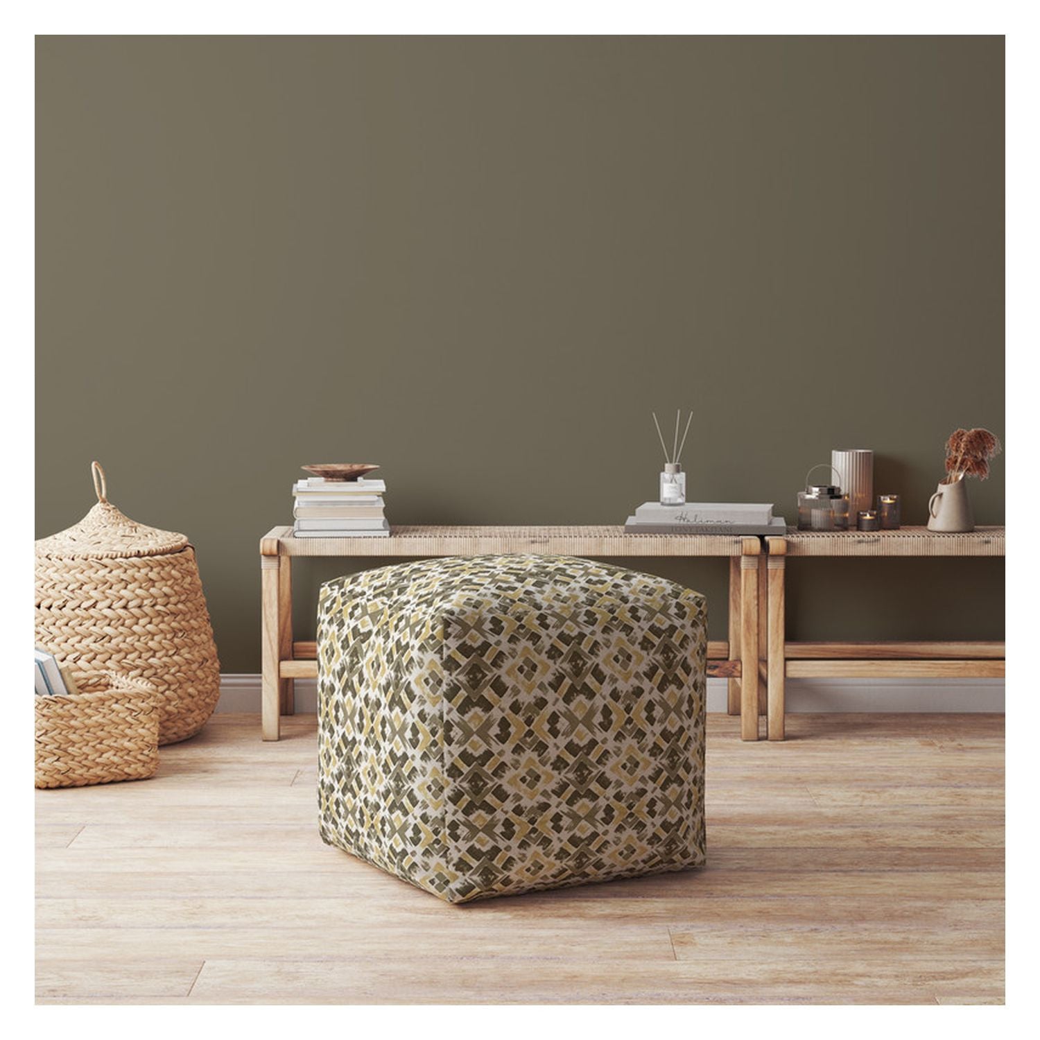 17" Beige Cotton Geometric Pouf Ottoman