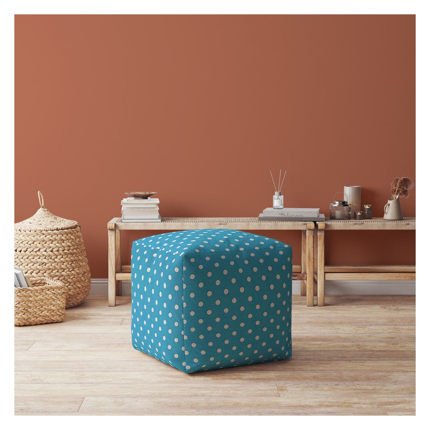 17" Blue Cotton Polka Dots Pouf Ottoman