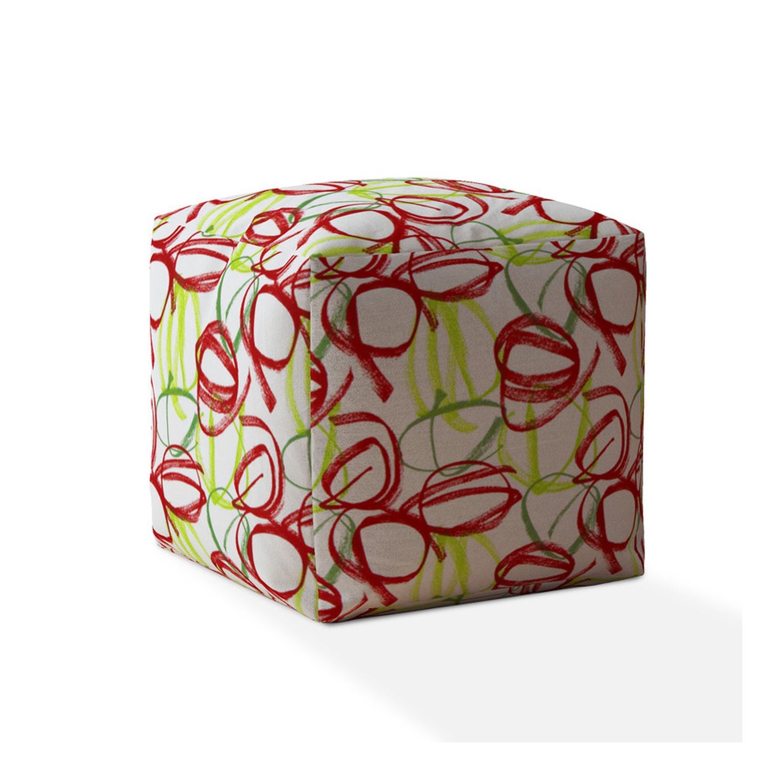 17" Red and White Cotton Abstract Pouf Ottoman