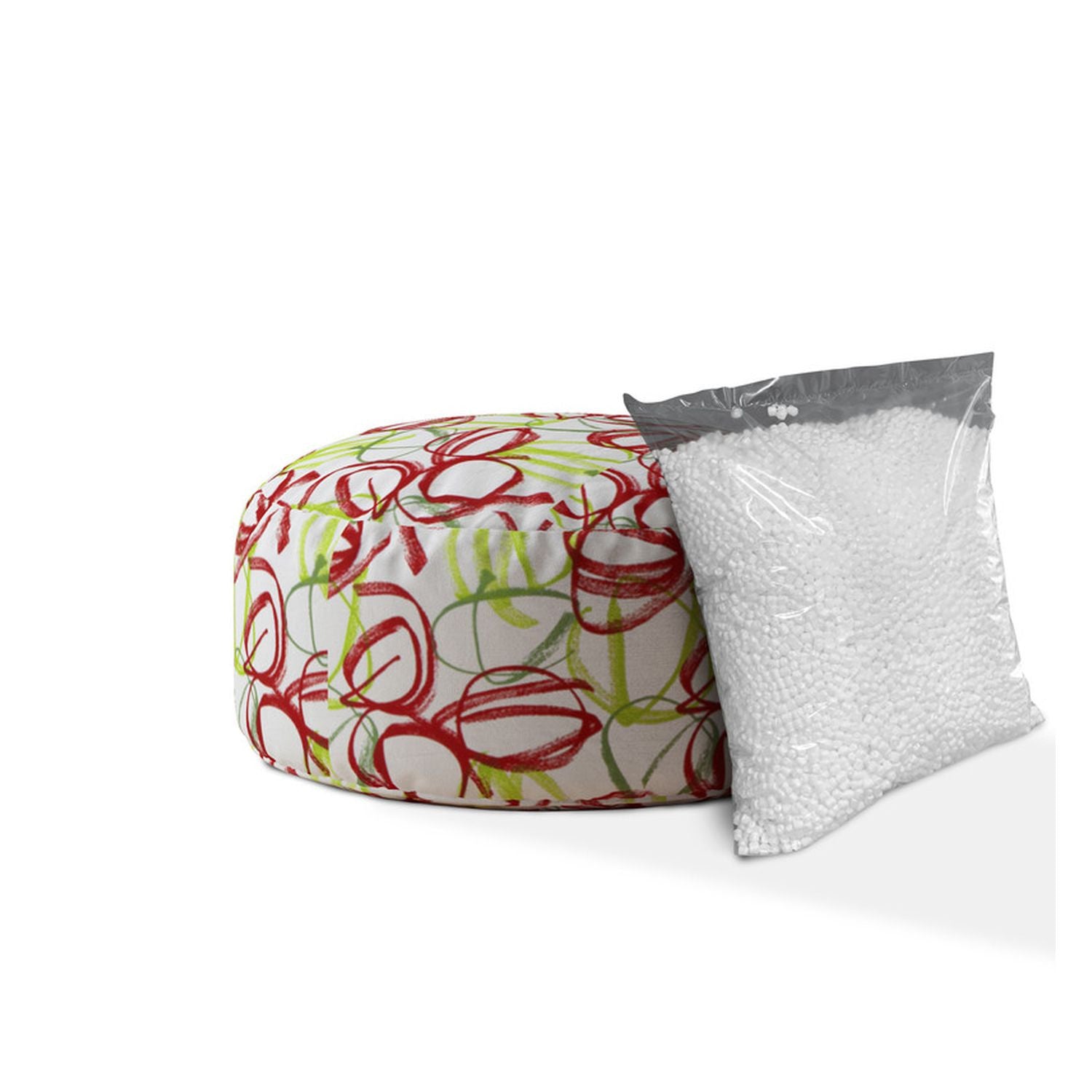 24" Red and White Cotton Round Abstract Pouf Ottoman