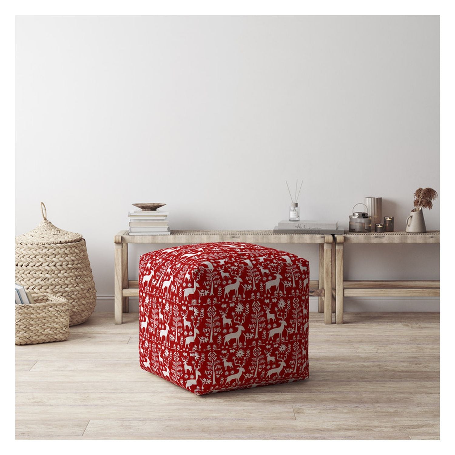 17" Red and White Cotton Stag Pouf Ottoman