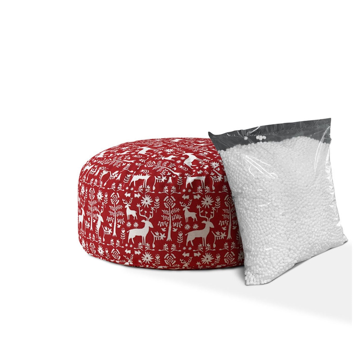 24" Red and White Cotton Round Stag Pouf Ottoman