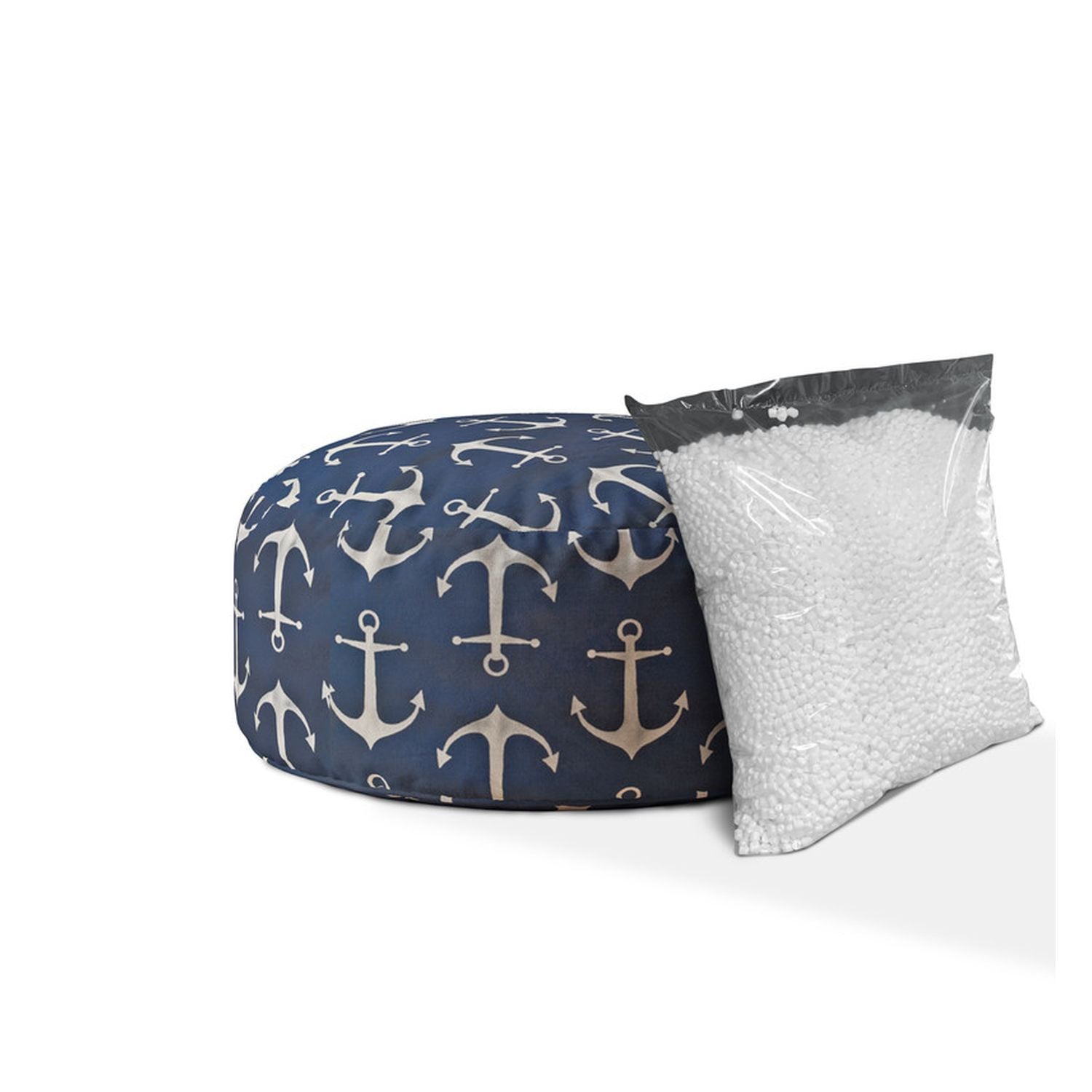 24" Blue Twill Round Anchor Pouf Cover