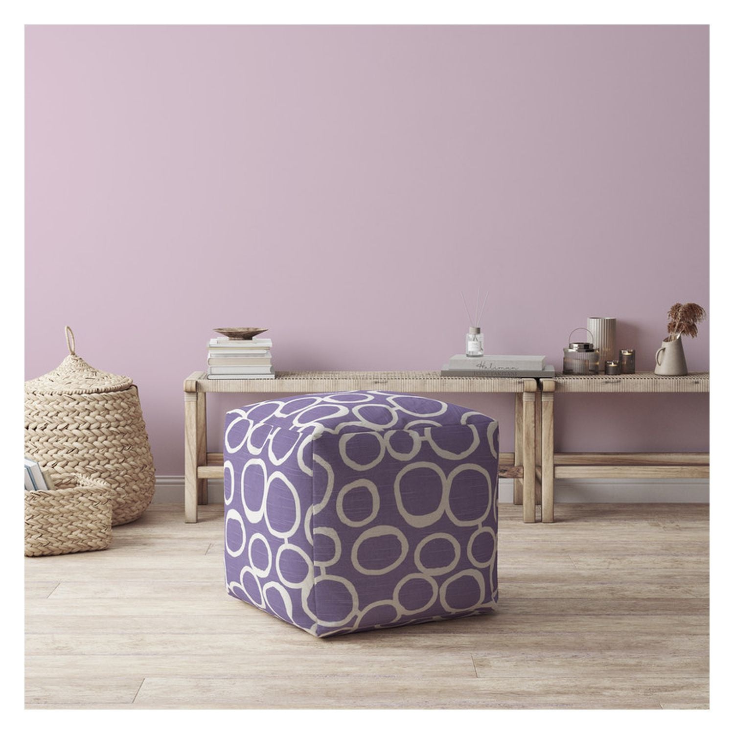 17" Purple And White Cotton Abstract Pouf Cover