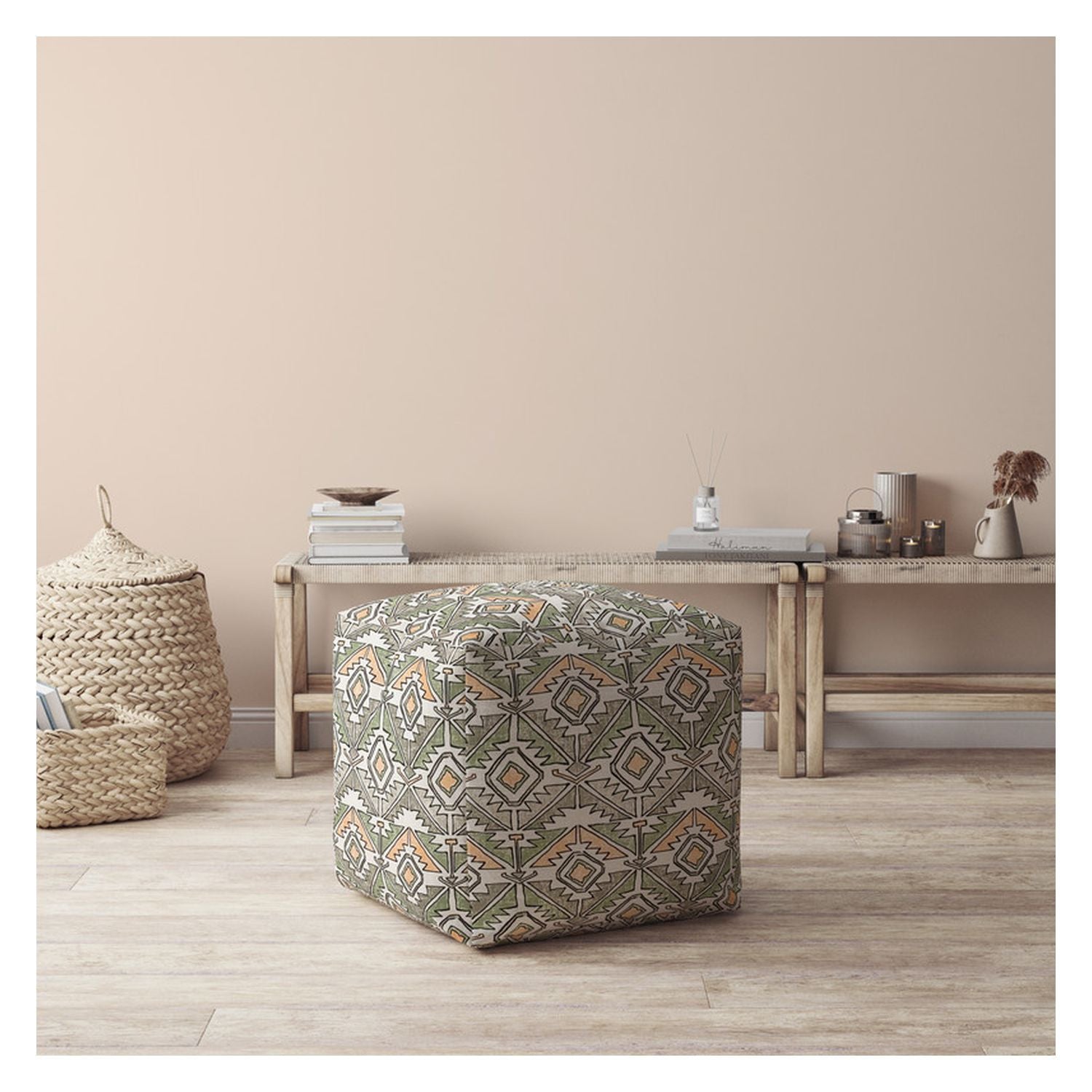 17" Orange Cotton Damask Pouf Cover