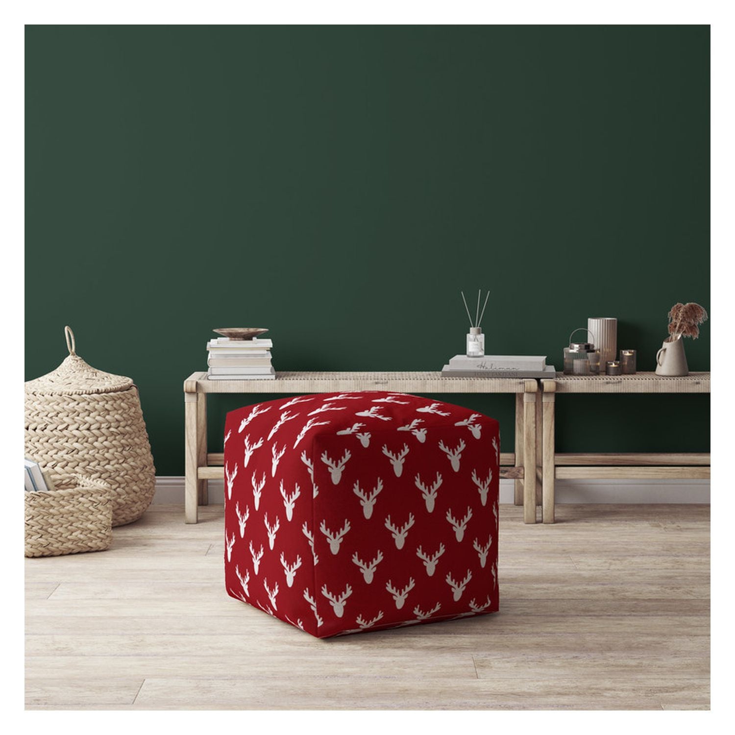 17" Red And White Cotton Stag Pouf Cover