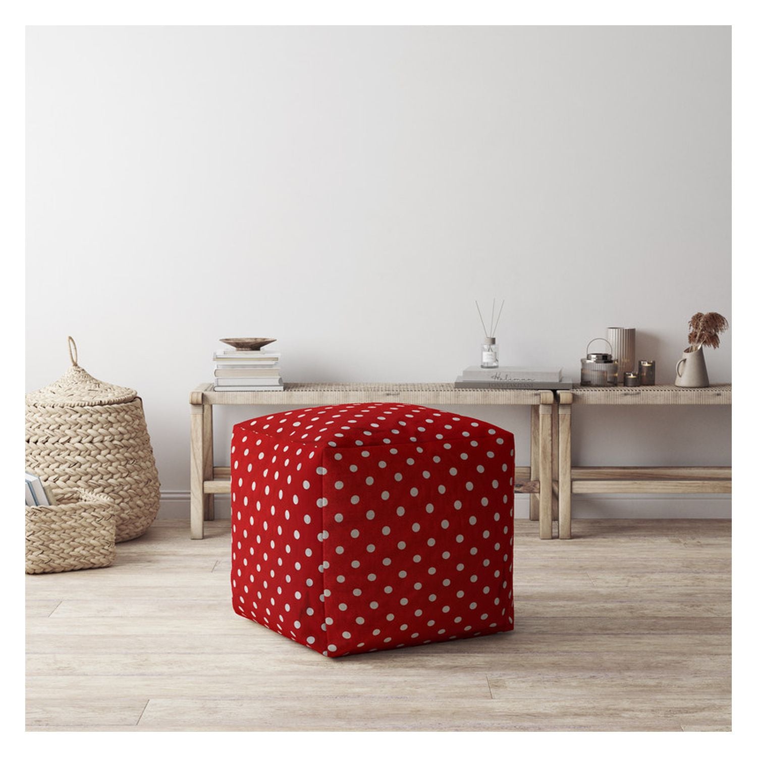 17" Red And White Cotton Polka Dots Pouf Cover