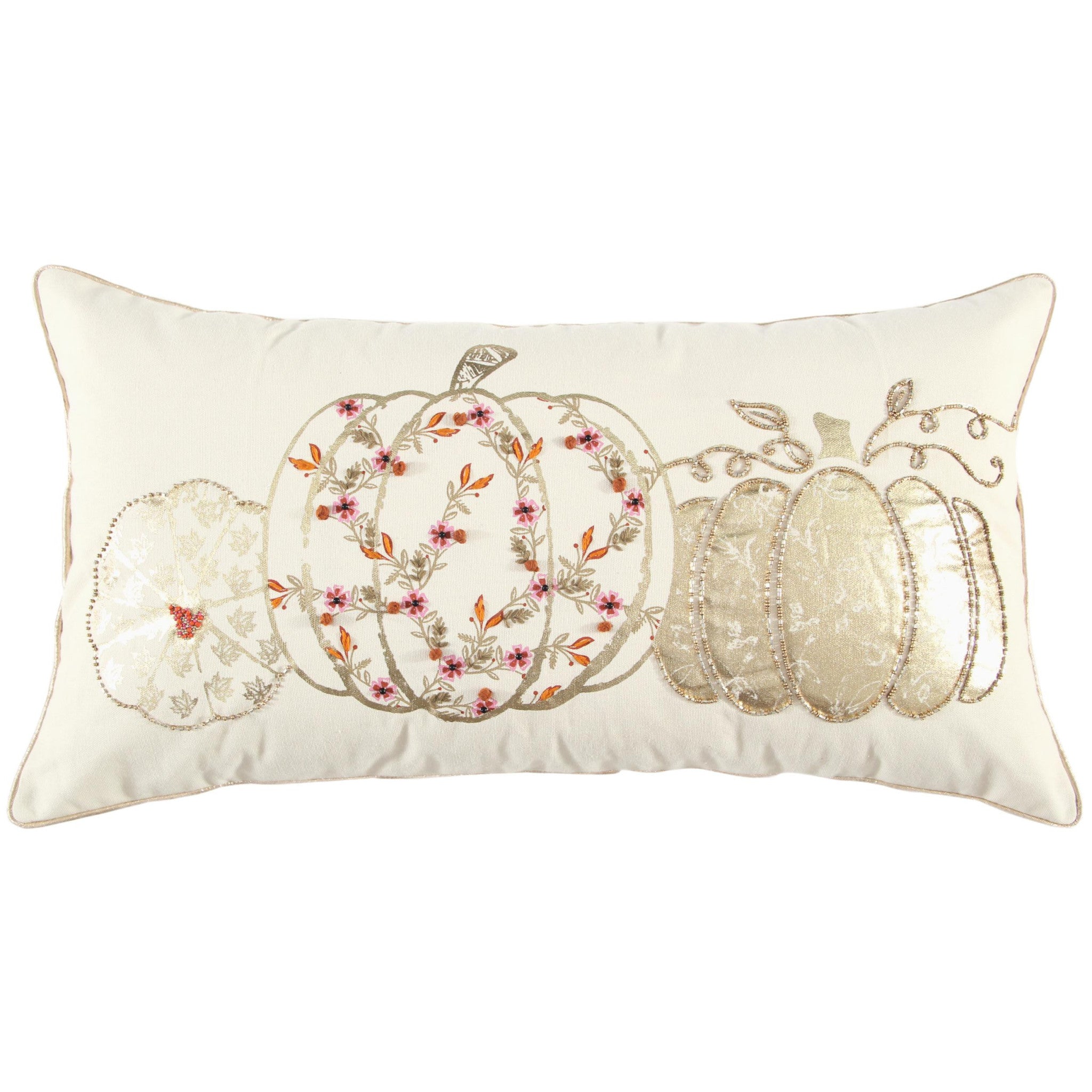 14" X 14" Gold and Ivory Thanksgiving Cotton Pillow With Embroidery, Beads, Pom Poms Edges