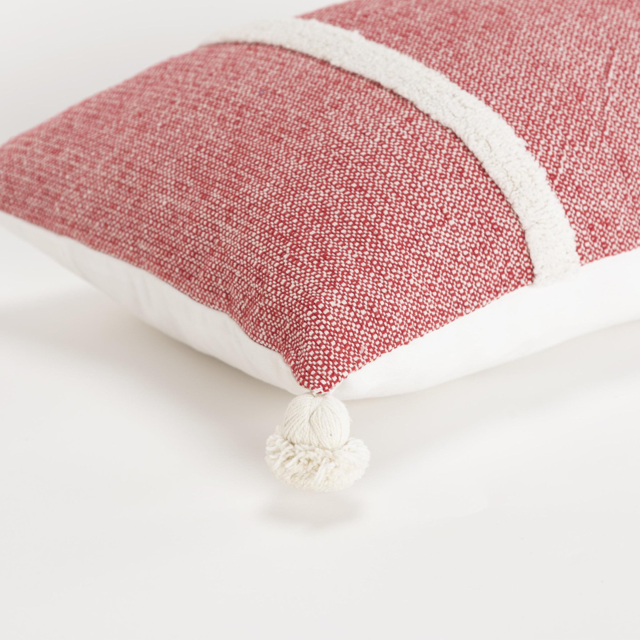 14" X 14" Red and White Cotton Pillow With Tassels Edges