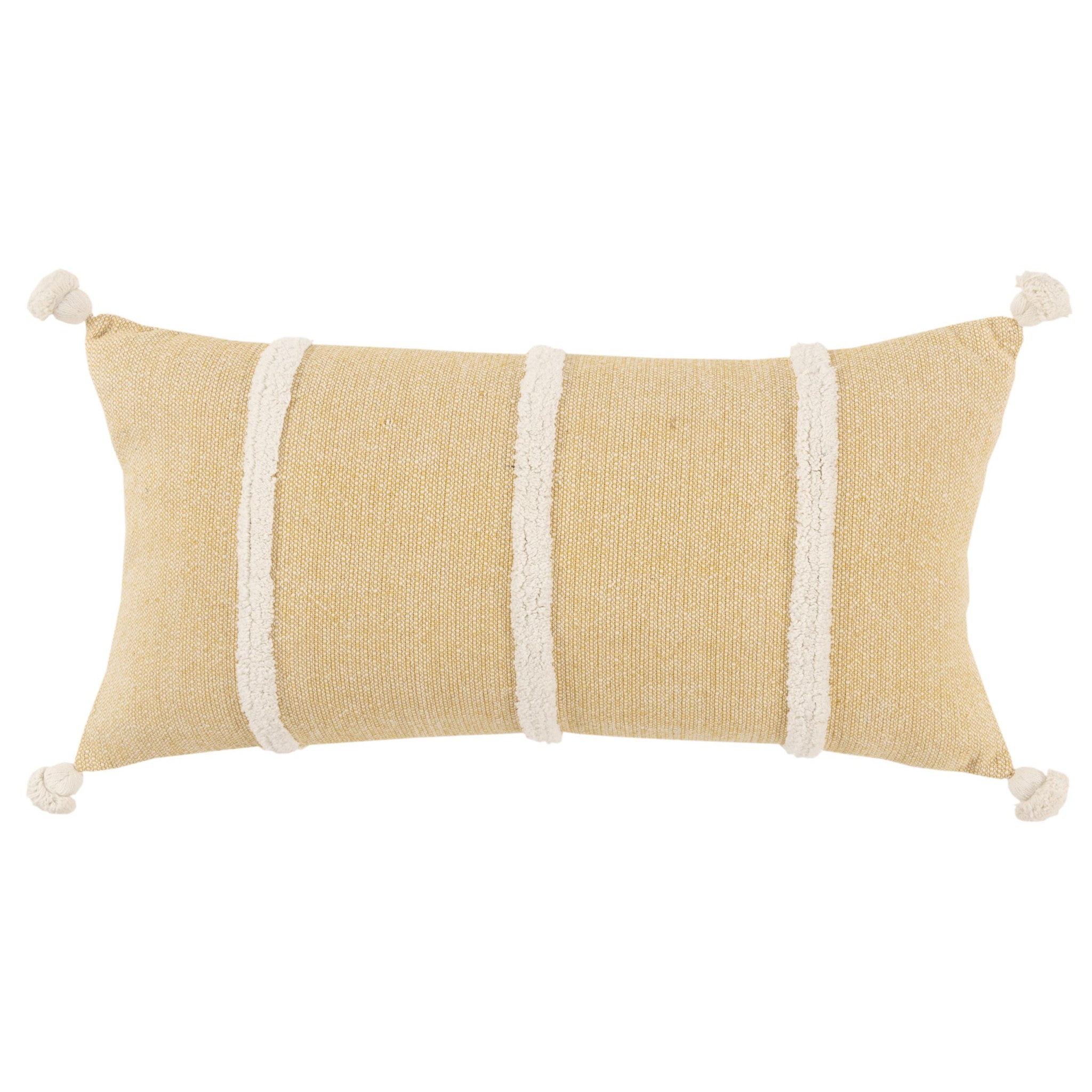 14" X 14" Yellow and White Cotton Pillow With Tassels Edges