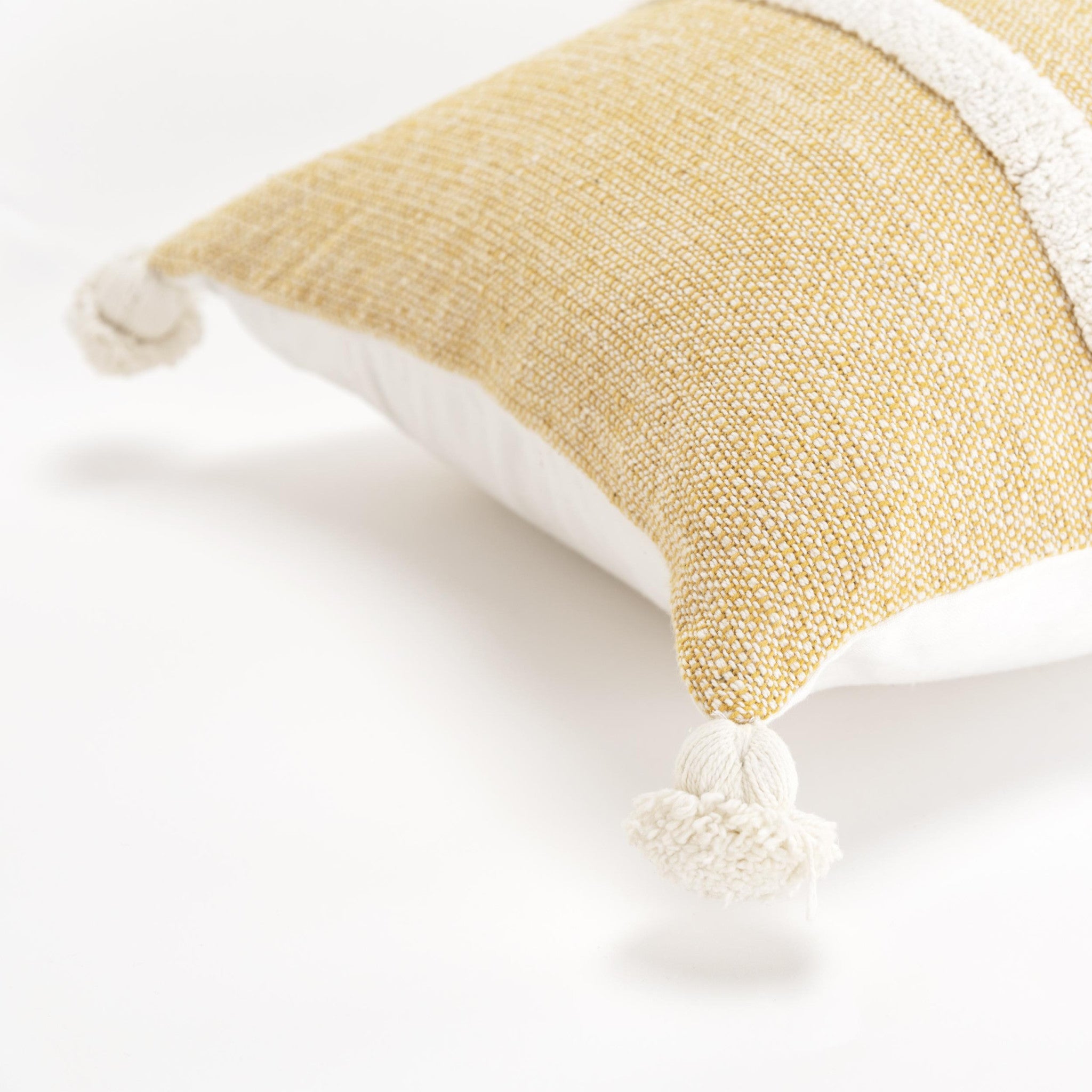 14" X 14" Yellow and White Cotton Pillow With Tassels Edges