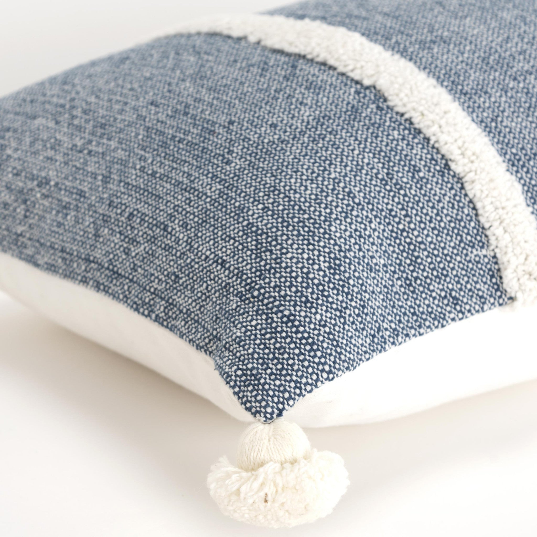 14" X 14" Blue and White Cotton Pillow With Tassels Edges