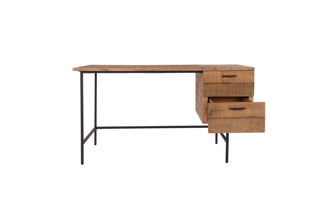 55" Brown and Black Solid Wood Writing Desk with Two Drawers