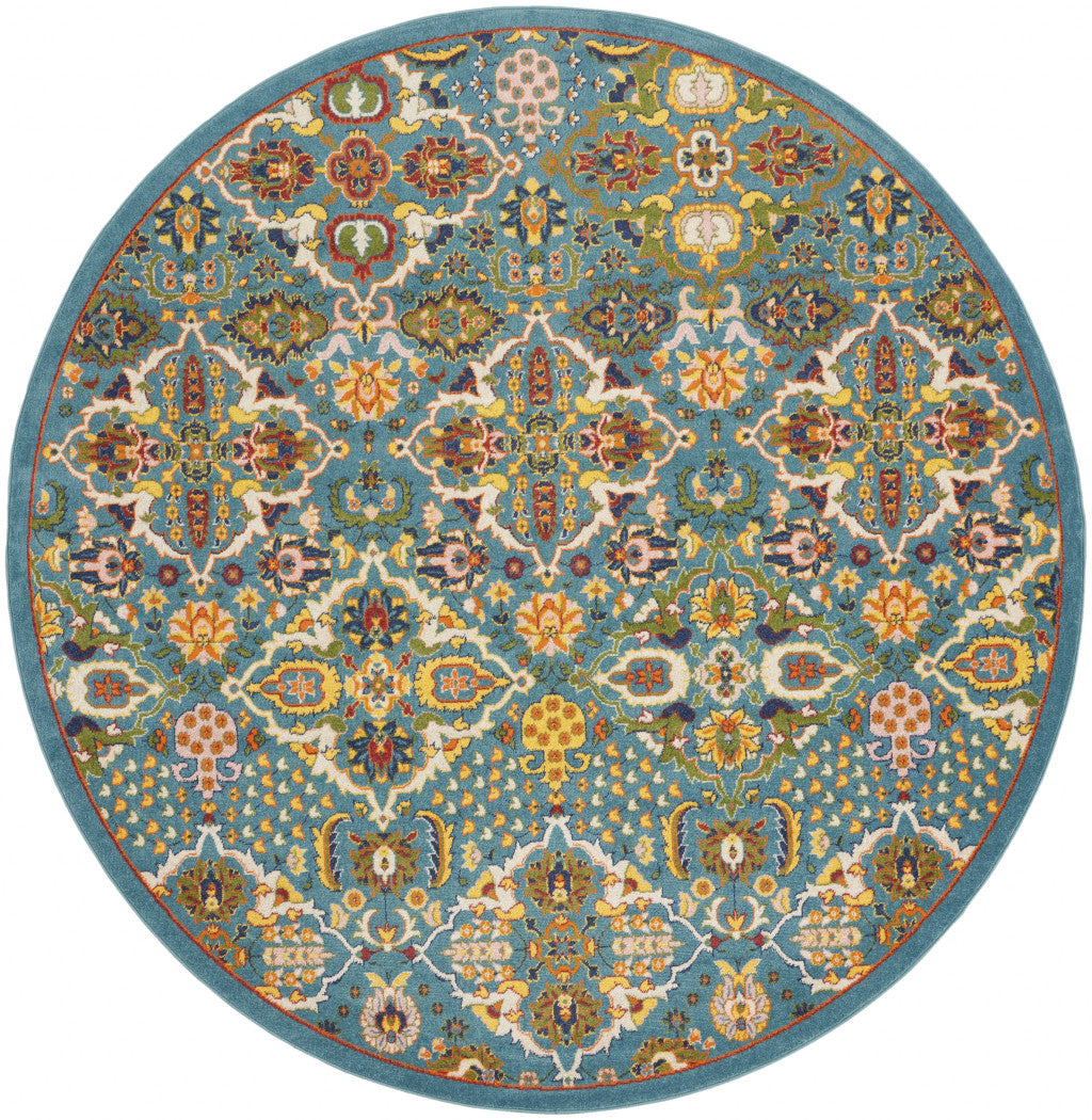 8' Blue Round Floral Power Loom Area Rug