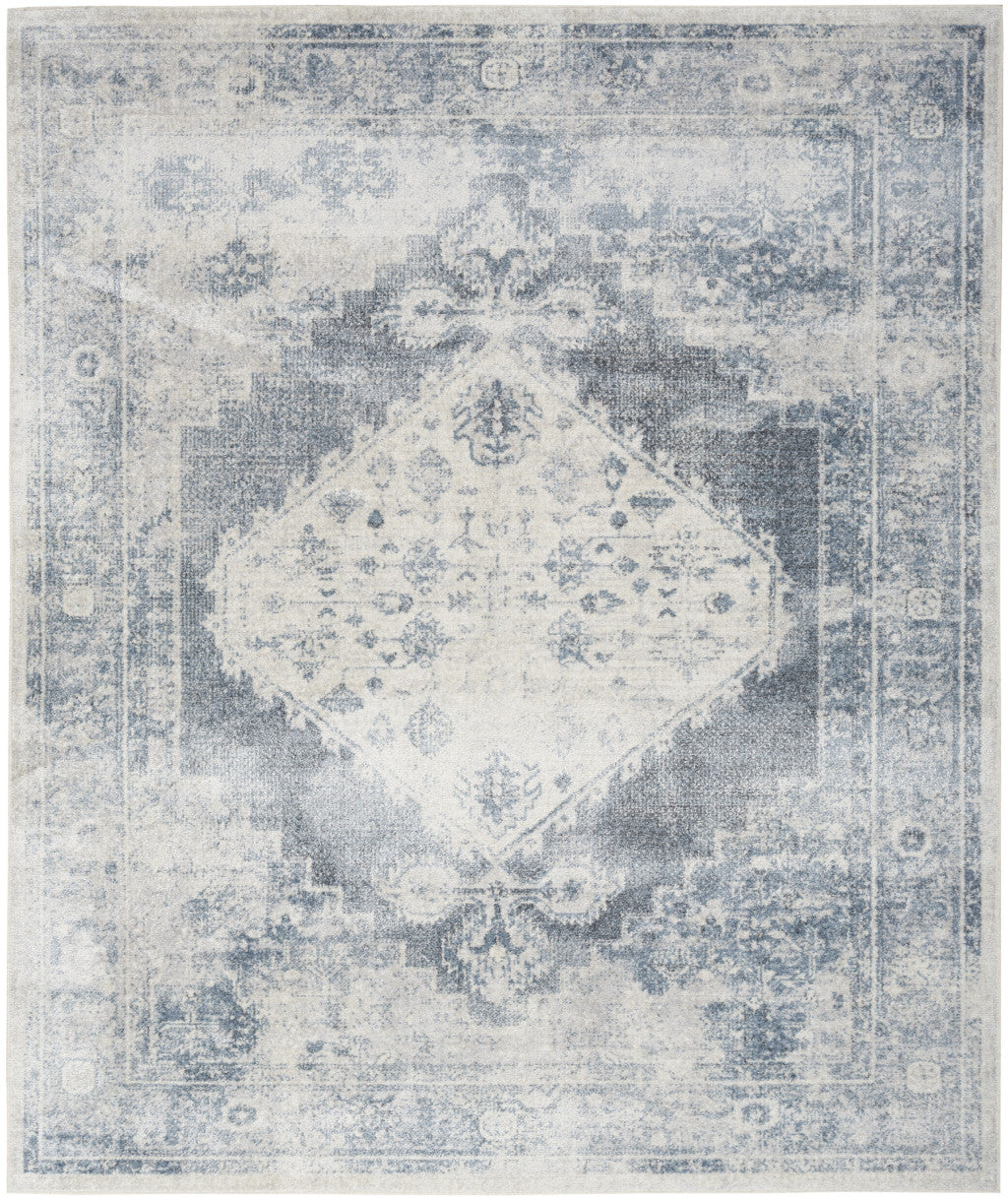 9' x 12' Blue and Ivory Oriental Power Loom Distressed Area Rug