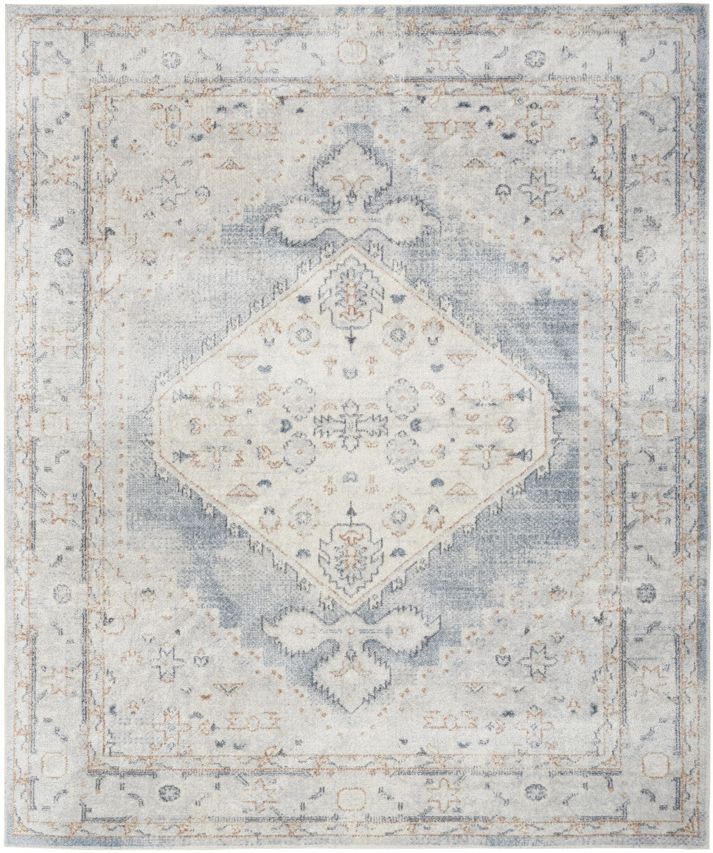 9' X 12' Light Blue Oriental Power Loom Distressed Area Rug