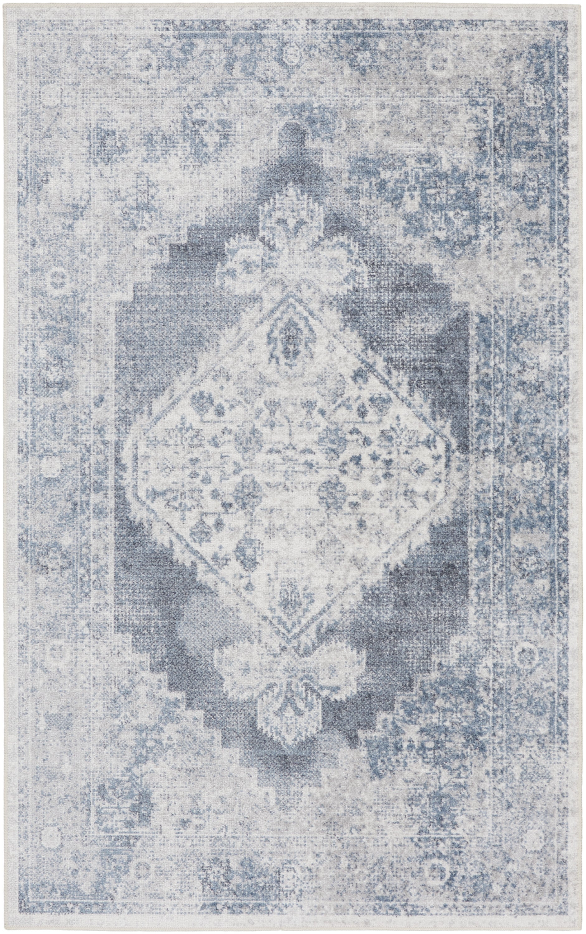 3' X 5' Blue Oriental Power Loom Distressed Washable Area Rug