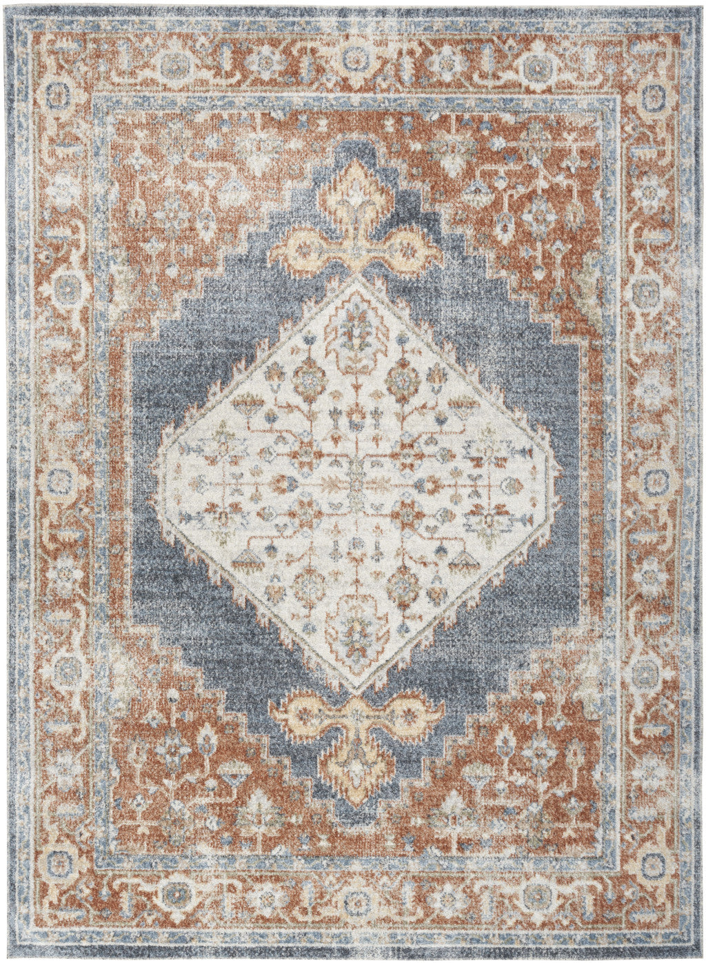 7' X 9' Denim Blue Oriental Power Loom Distressed Washable Area Rug