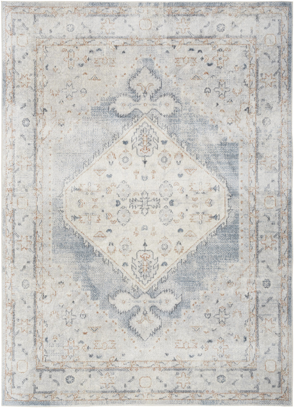 7' X 9' Light Blue Oriental Power Loom Distressed Washable Area Rug