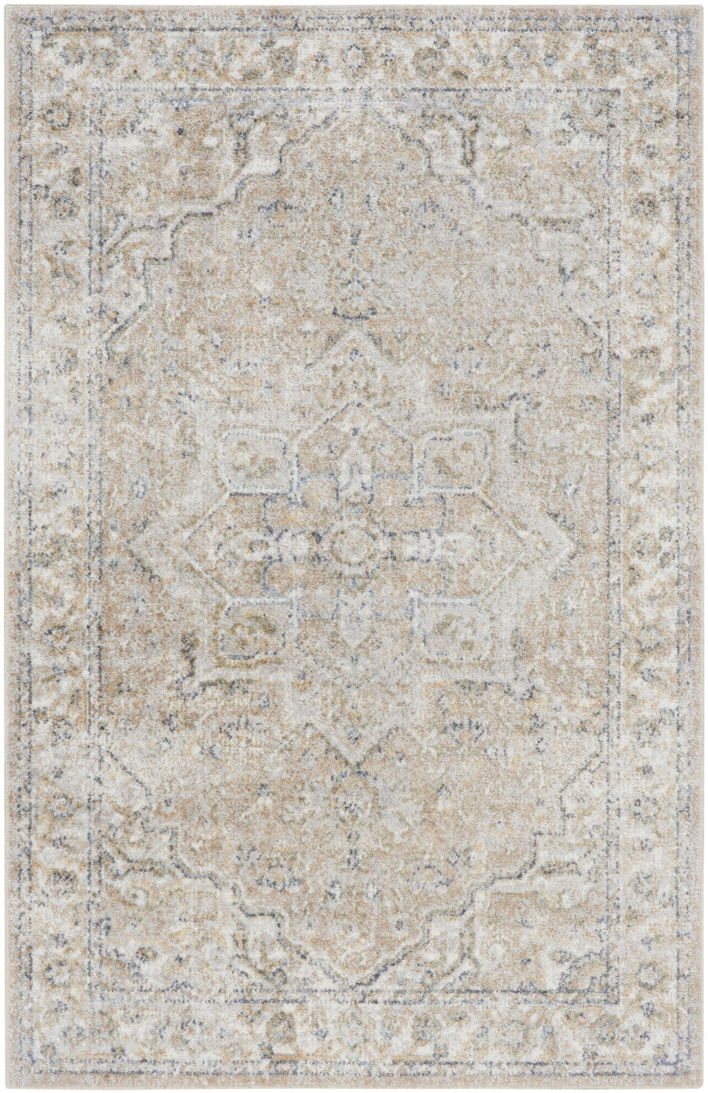 4' X 6' Beige Oriental Power Loom Washable Area Rug