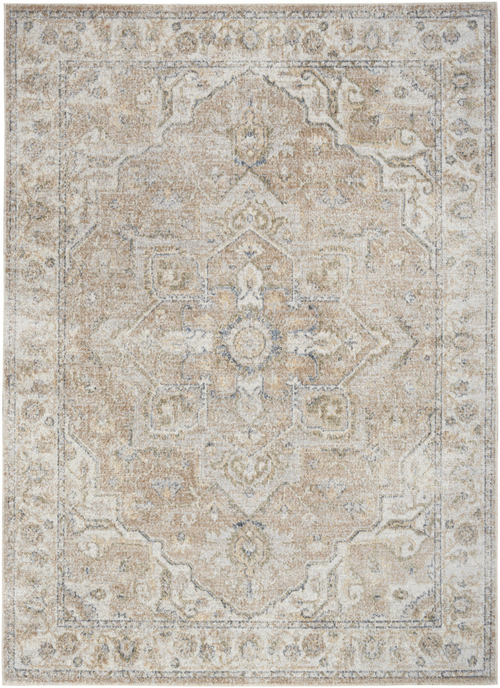 7' X 9' Beige Oriental Power Loom Washable Area Rug