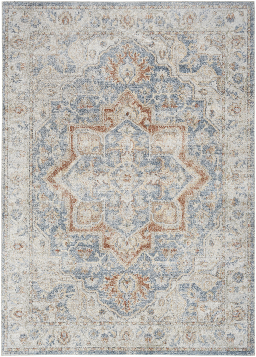 7' X 9' Denim Blue Oriental Power Loom Washable Area Rug