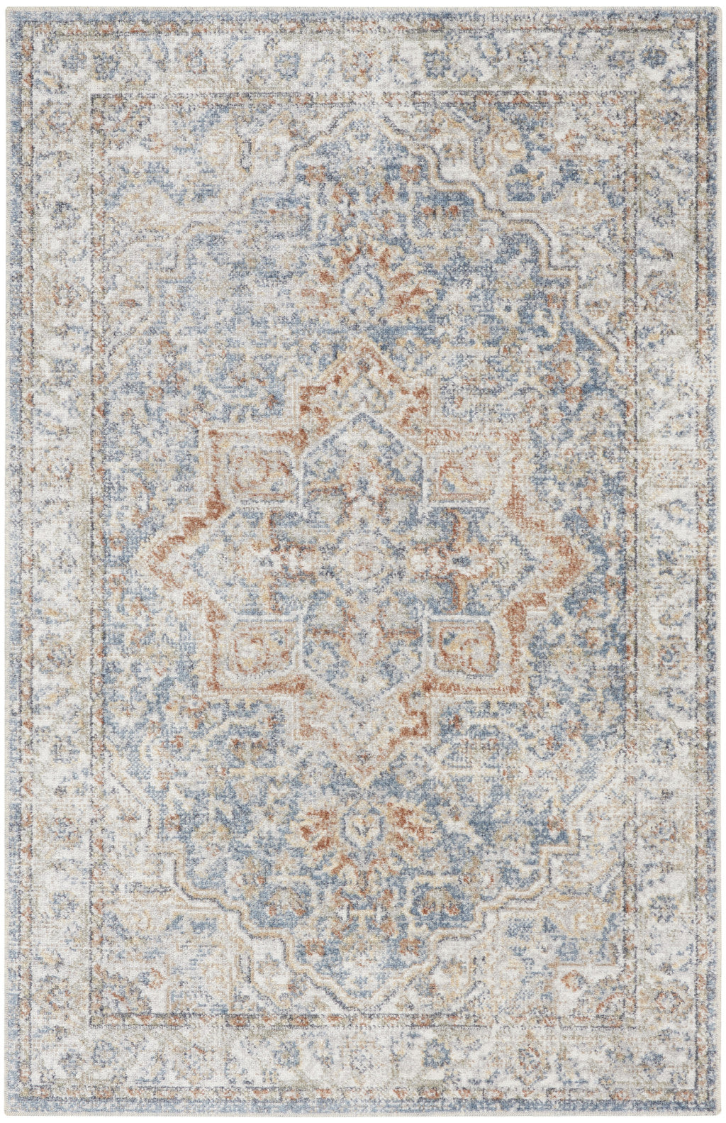 4' X 6' Denim Blue Oriental Power Loom Washable Area Rug